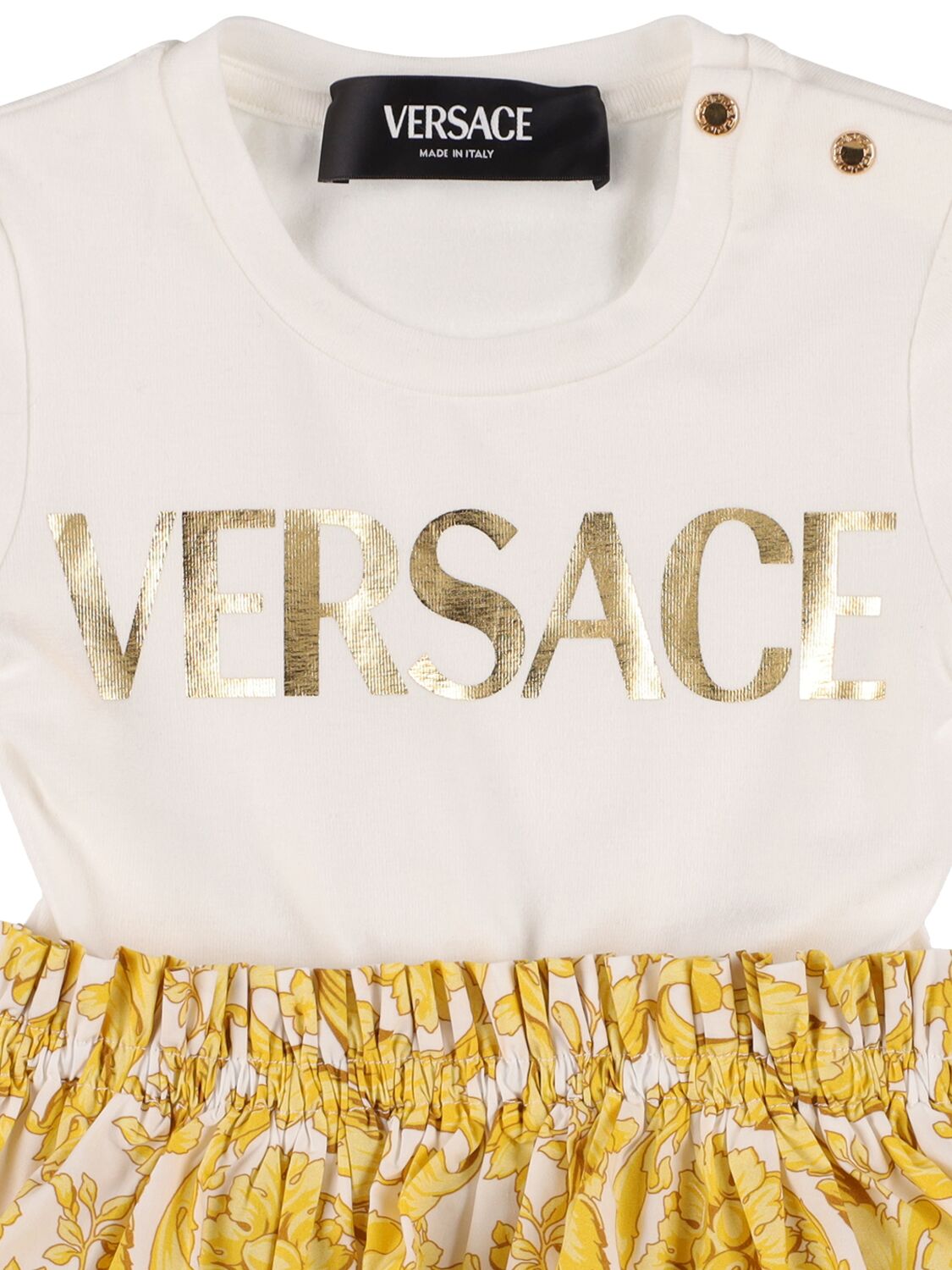 Shop Versace Cotton Jersey & Printed Poplin Dress In White,gold