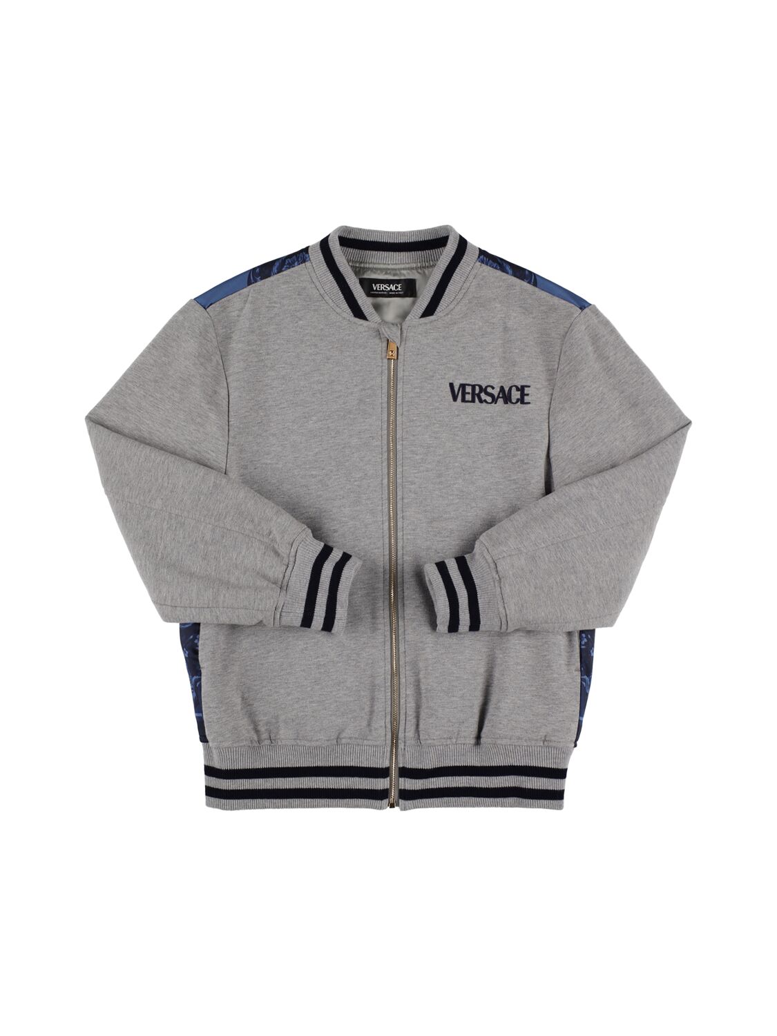 Versace Kids' Dragan Print Cotton Jersey Bomber Jacket In Grey