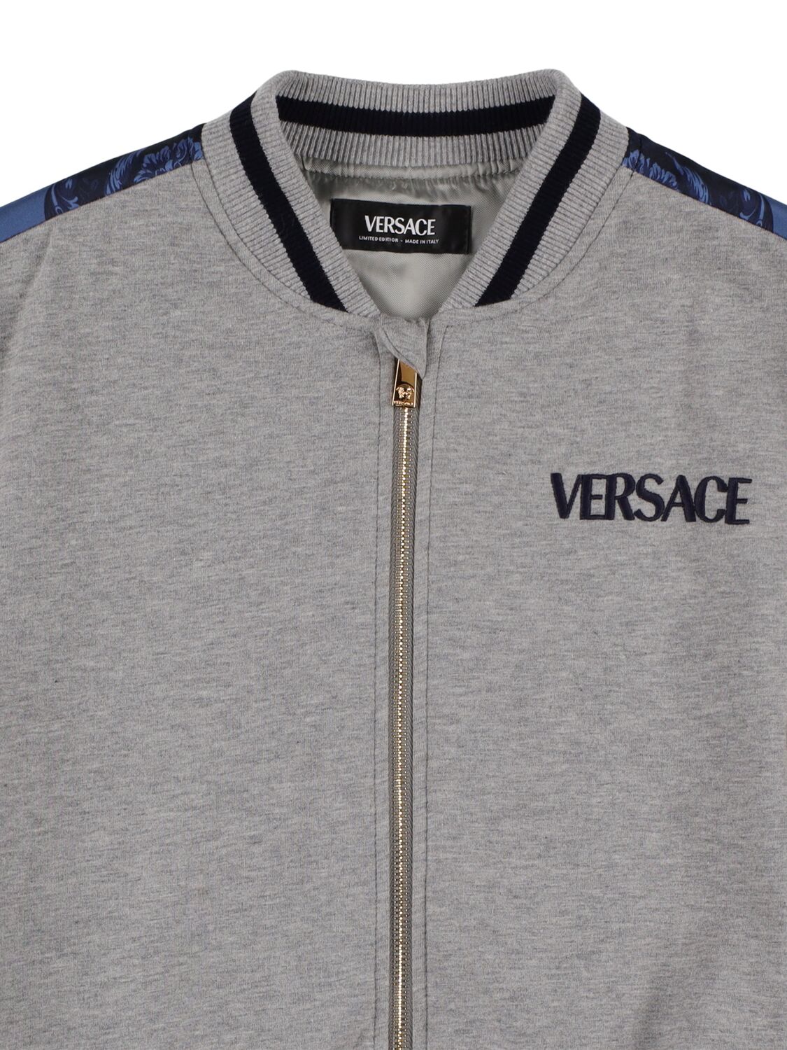 Shop Versace Dragan Print Cotton Jersey Bomber Jacket In Grey