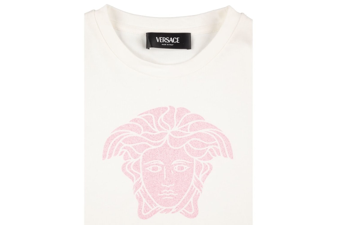 Shop Versace Glittered Logo Cotton Jersey T-shirt In 화이트,핑크