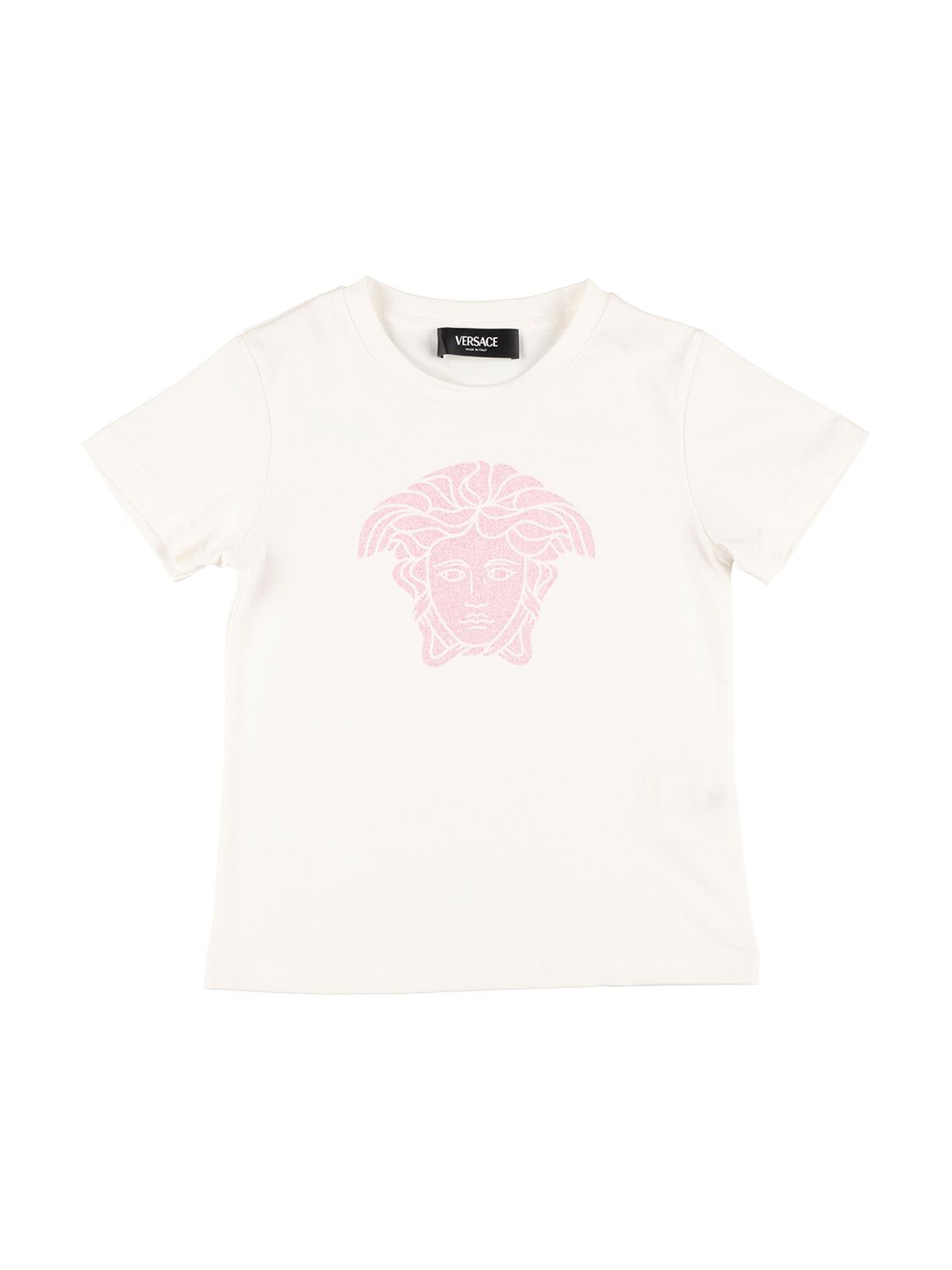 Versace Kids' Glittered Logo Cotton Jersey T-shirt In 화이트,핑크