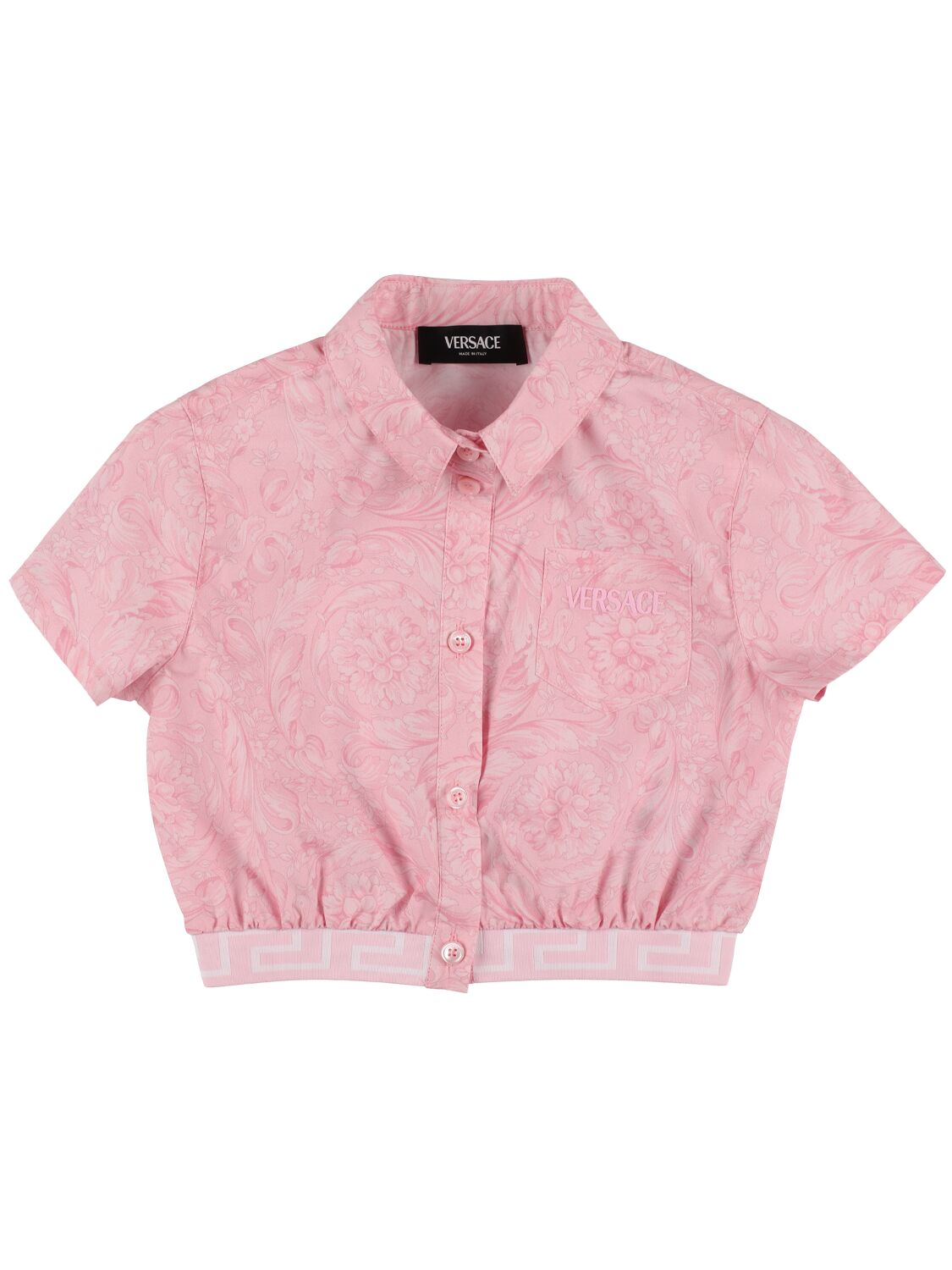 Versace Kids' Embroidered Cotton Poplin Crop Shirt In Pink