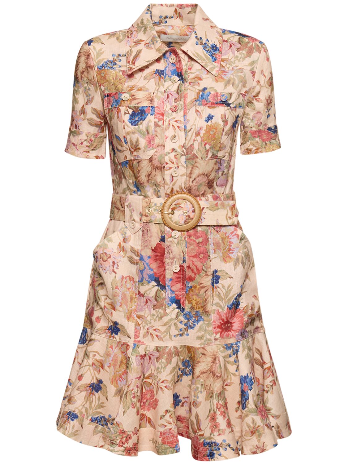 Shop Zimmermann August Belted Linen Mini Dress In Multicolor