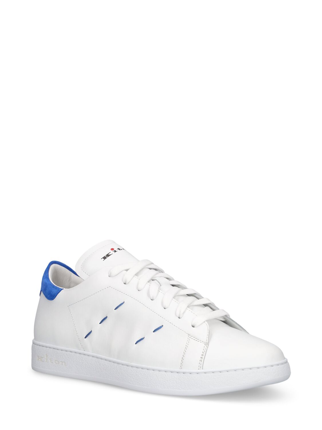 Shop Kiton Leather Low Top Sneakers In White,blue