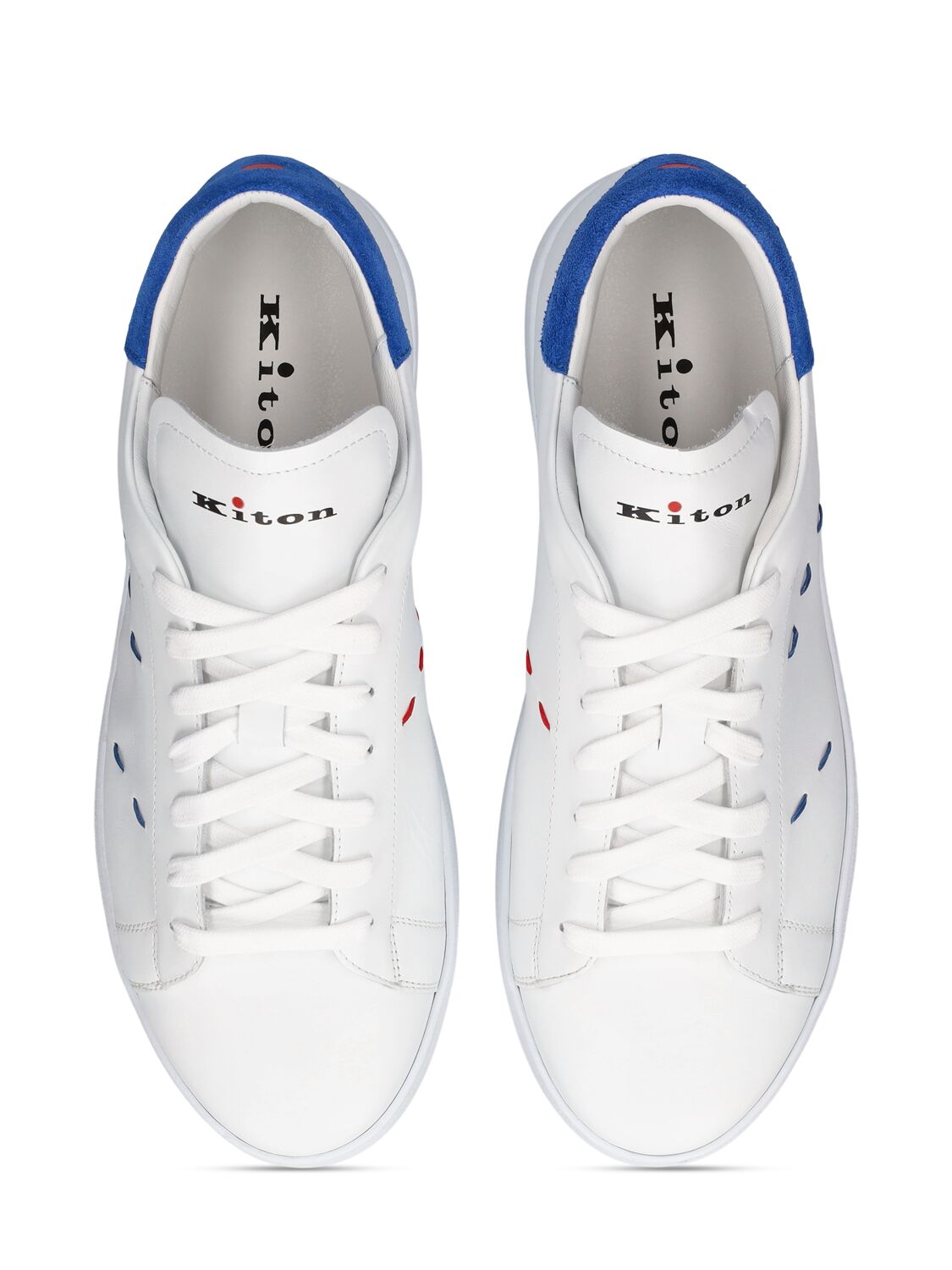 Shop Kiton Leather Low Top Sneakers In White,blue
