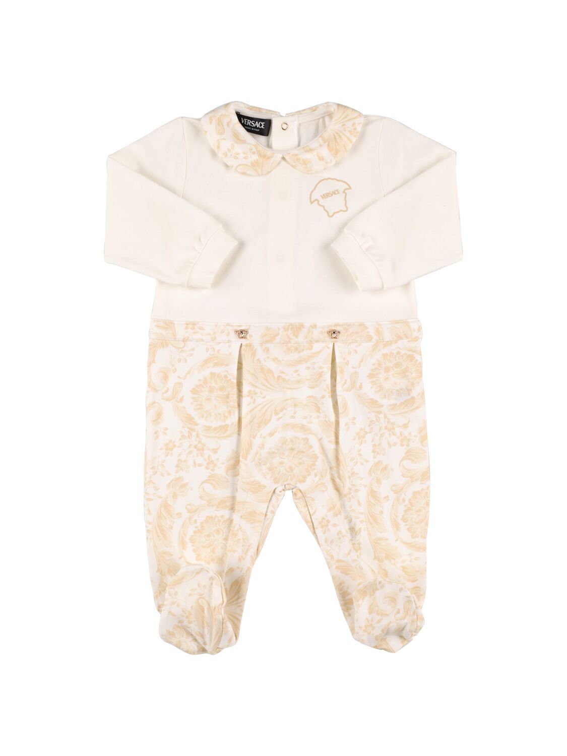 Versace Babies' Baroque Printed Cotton Jersey Romper In White,beige