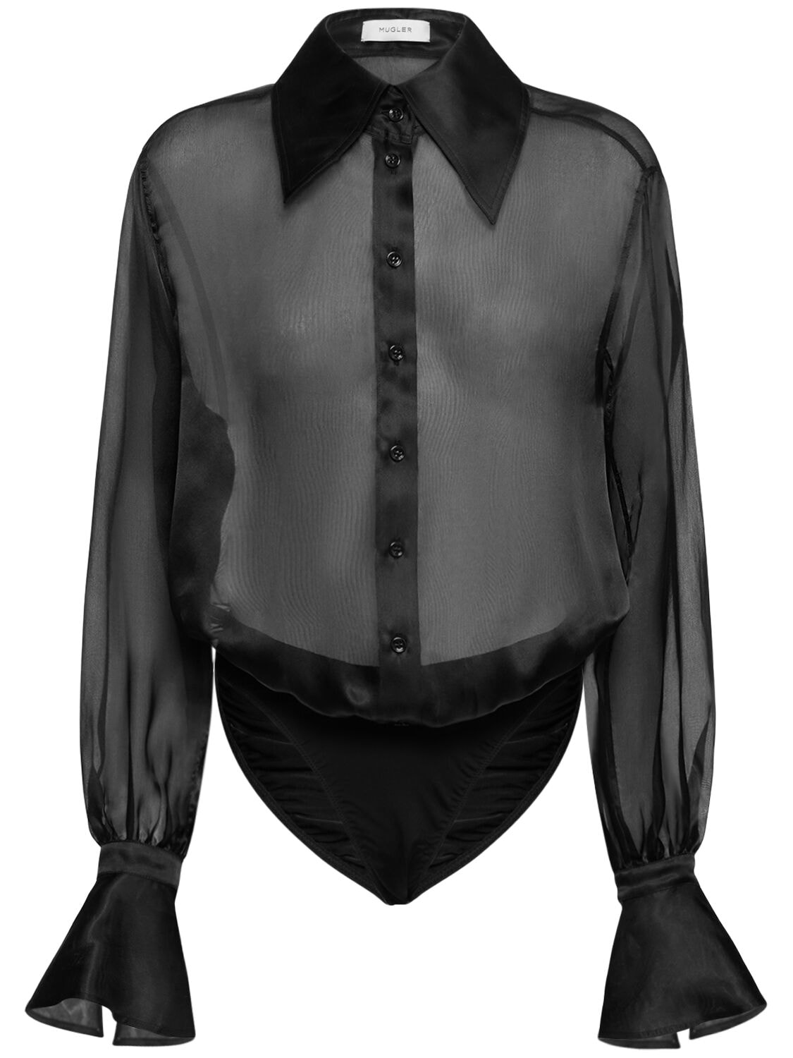 Mugler Silk Tulle Long Sleeved Bodysuit In Black