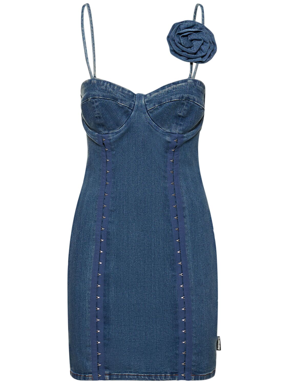 Shop Rotate Birger Christensen Stretch Denim Mini Dress W/rose In Orion Blue