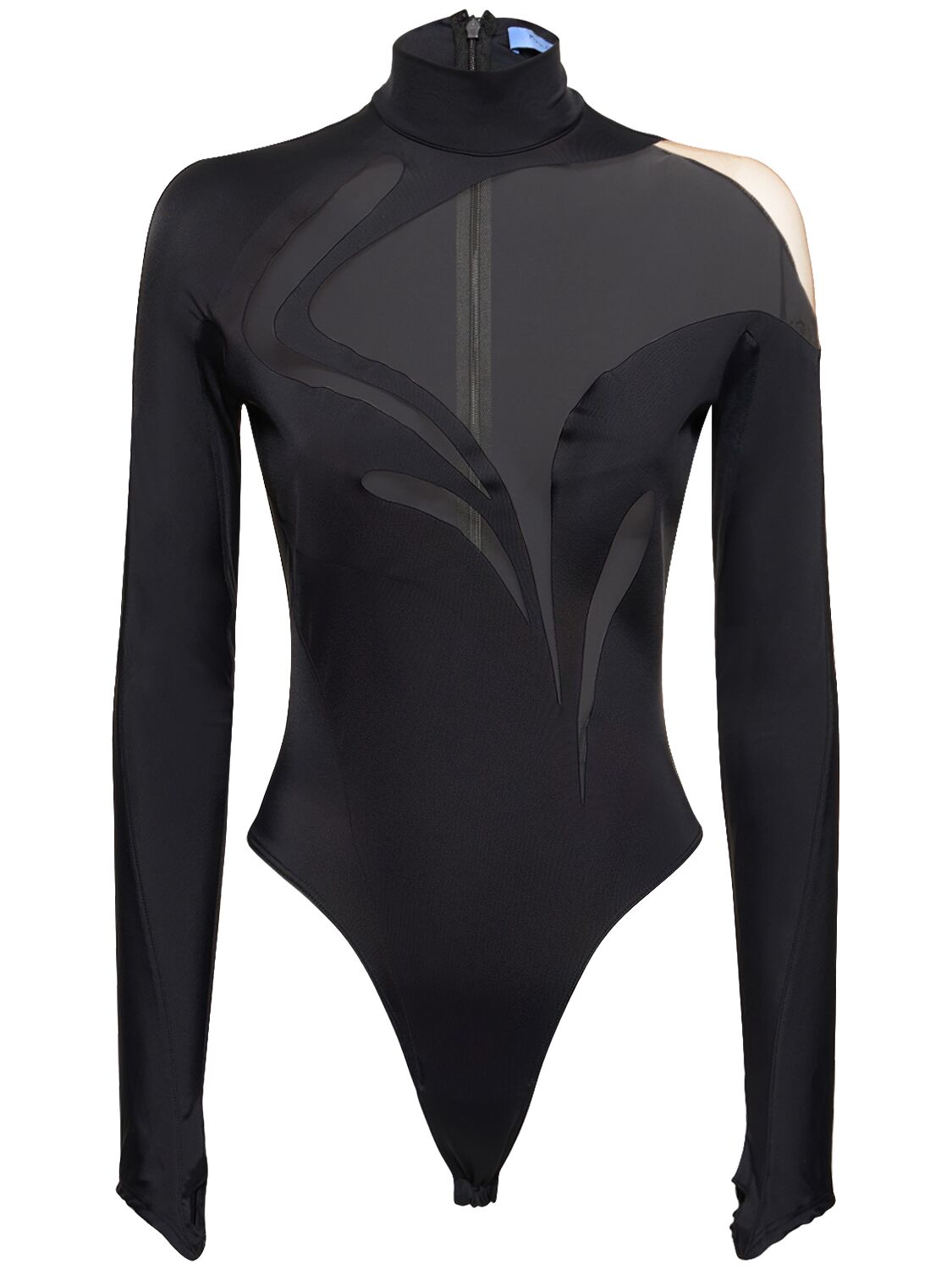 Mugler Lycra & Tulle Cutout Turtleneck Bodysuit In Black,nude 01