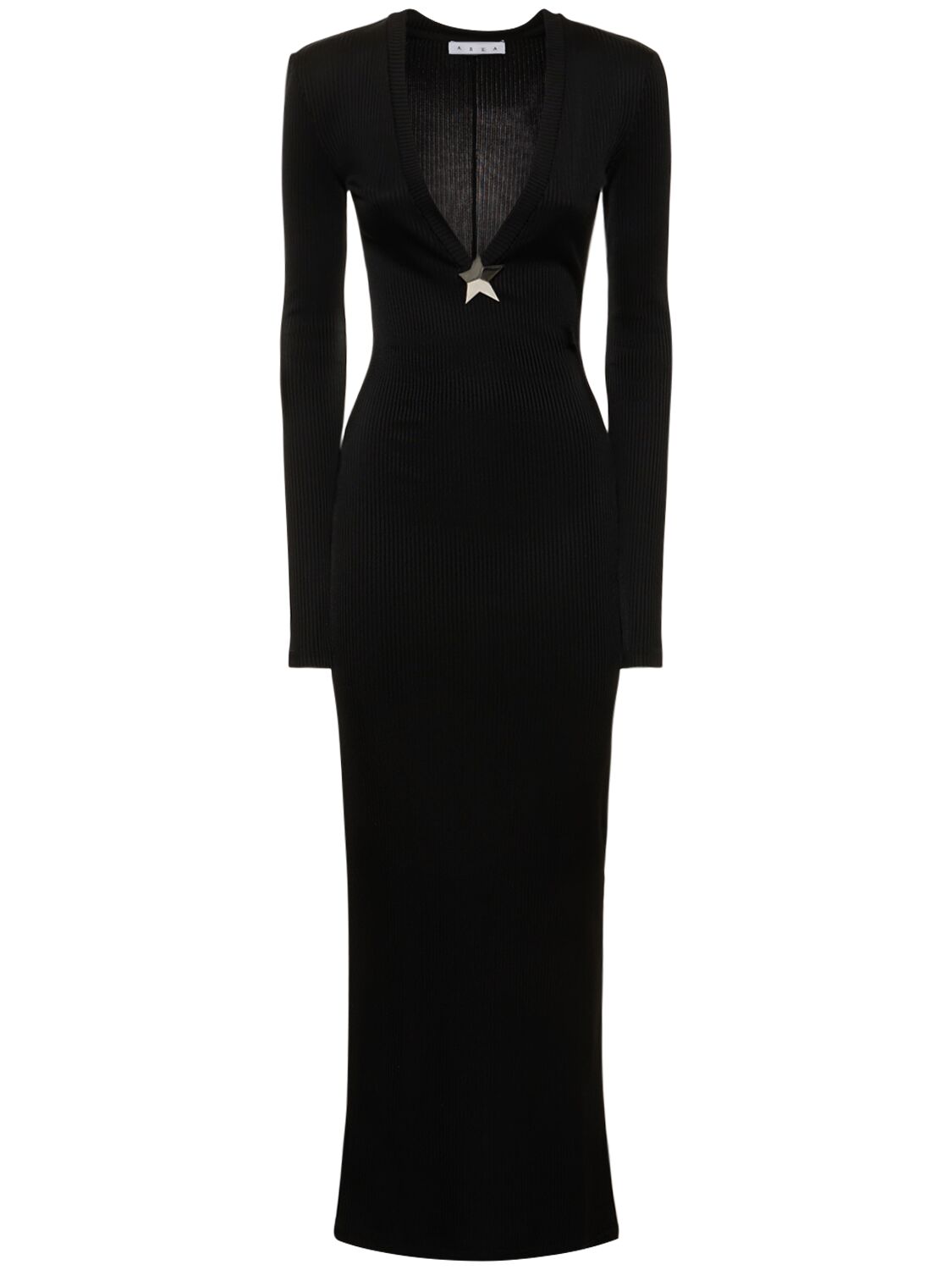 Shop Area Viscose V Neck Long Dress W/ Star Stud In Black