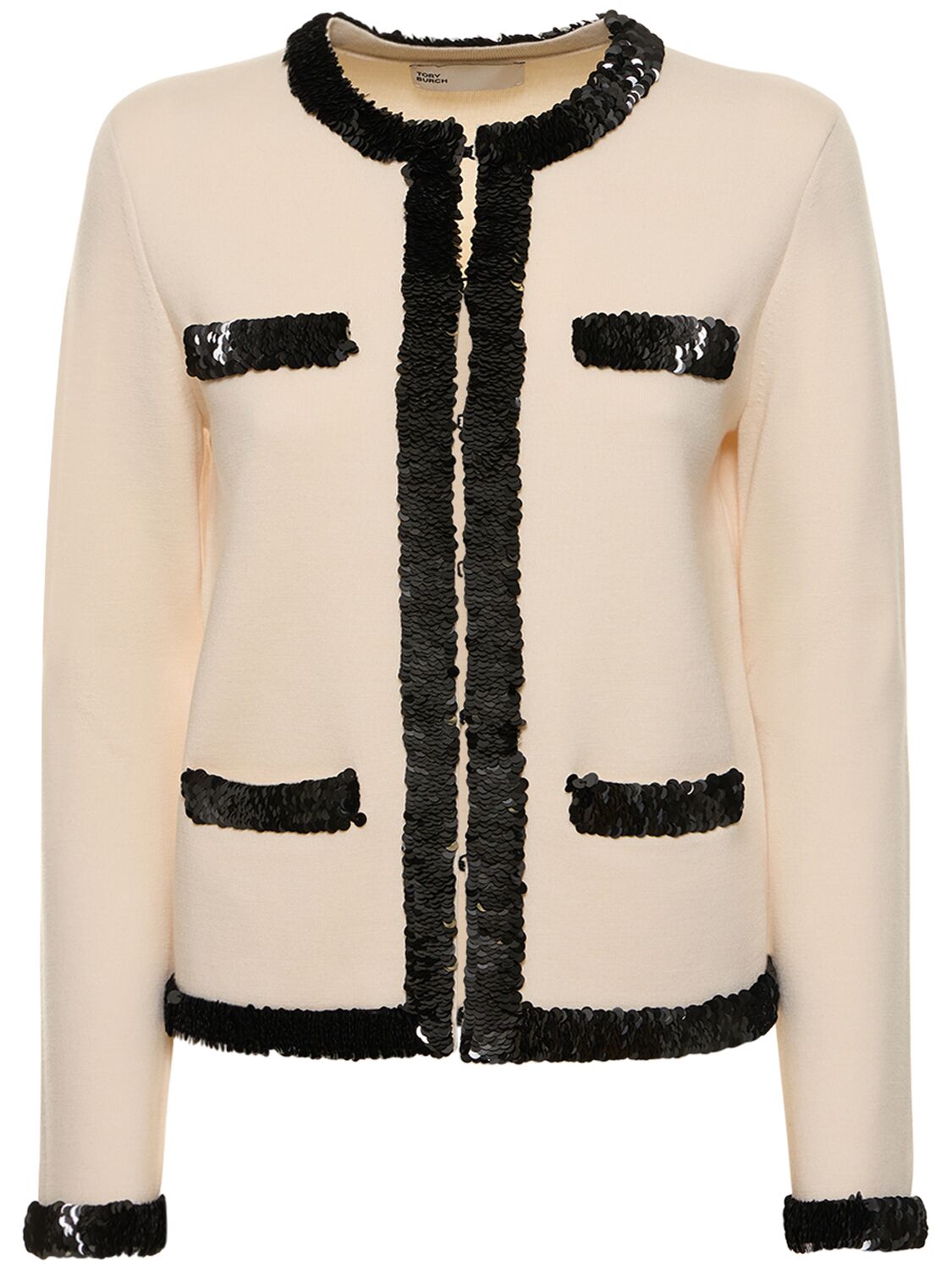 Shop Tory Burch Embellished Kendra Wool Jacket In White,black