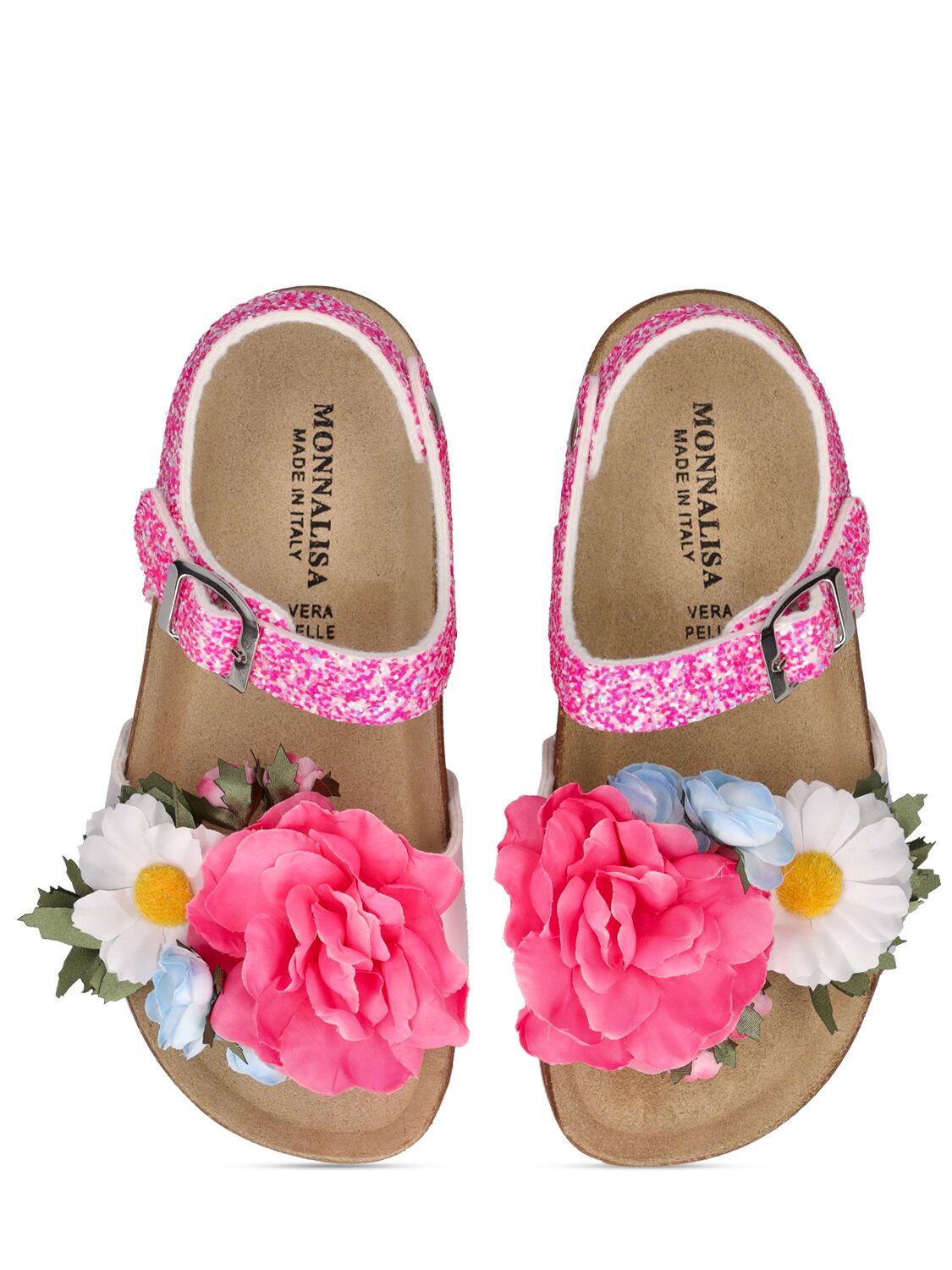 Shop Monnalisa Faux Leather Sandals W/flower Appliqués In Pink,multi