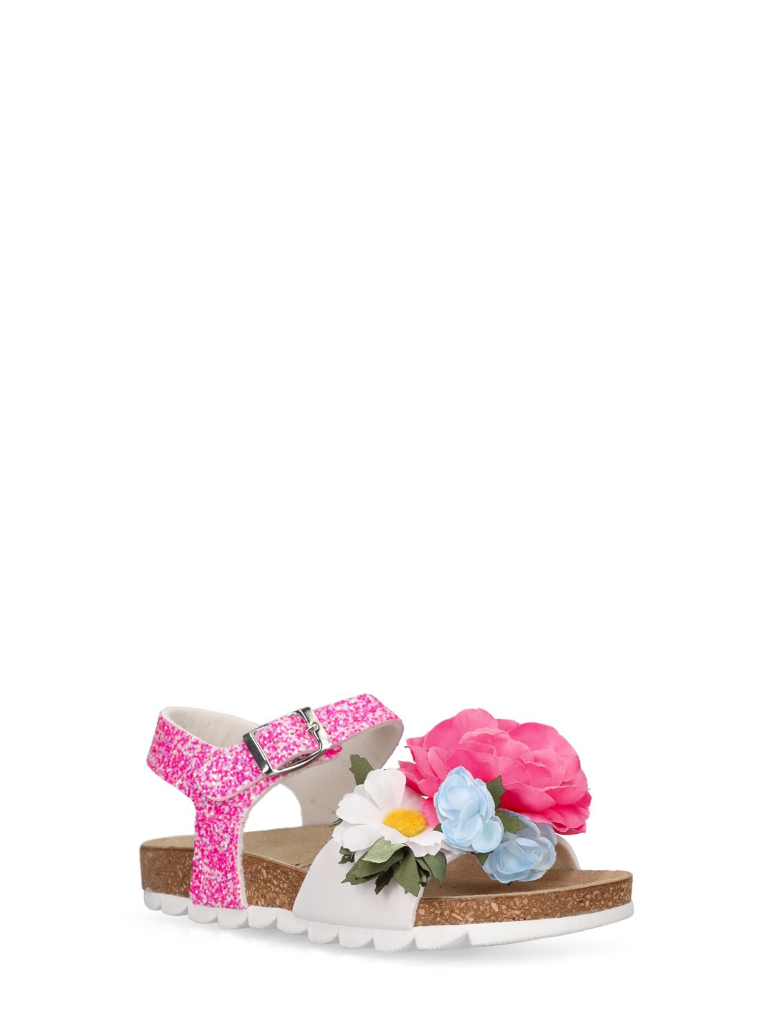 Shop Monnalisa Faux Leather Sandals W/flower Appliqués In Pink,multi