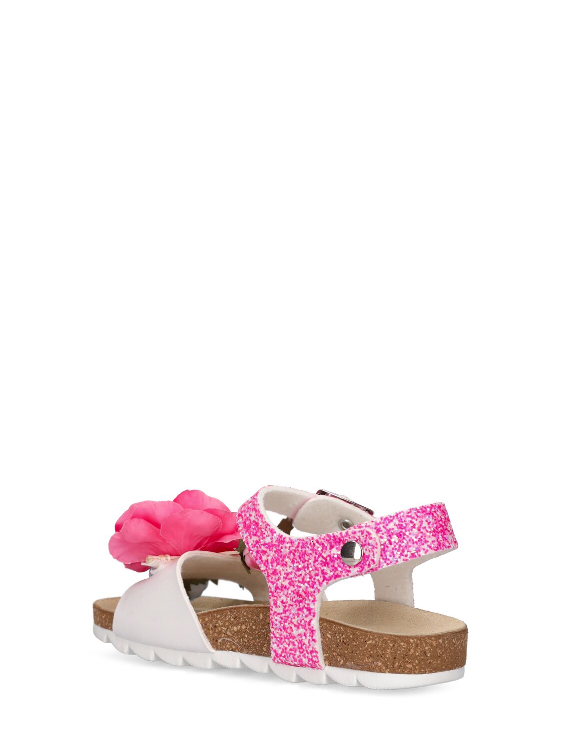 Shop Monnalisa Faux Leather Sandals W/flower Appliqués In Pink,multi