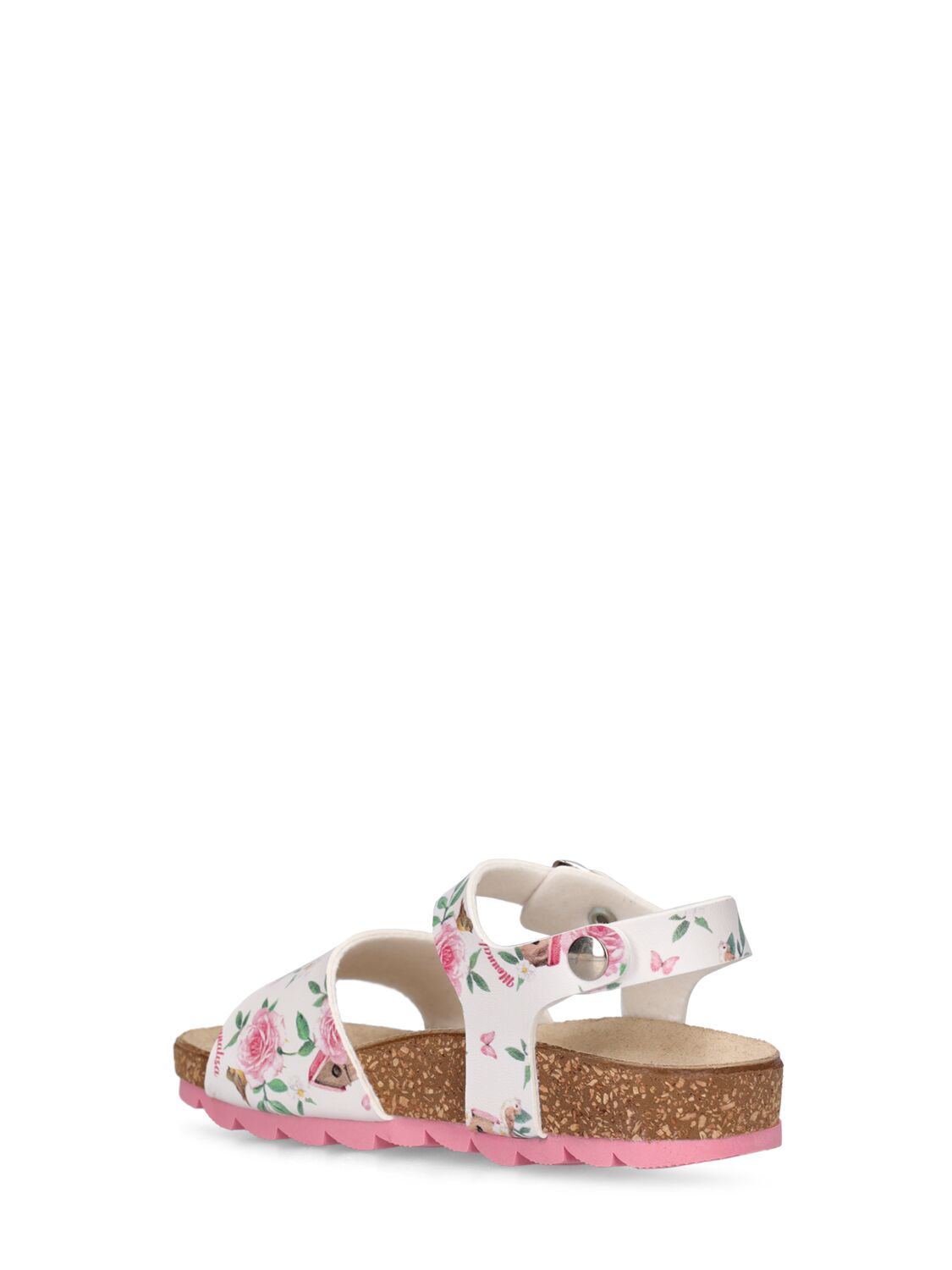 Shop Monnalisa Flower Printed Faux Leather Sandals In White