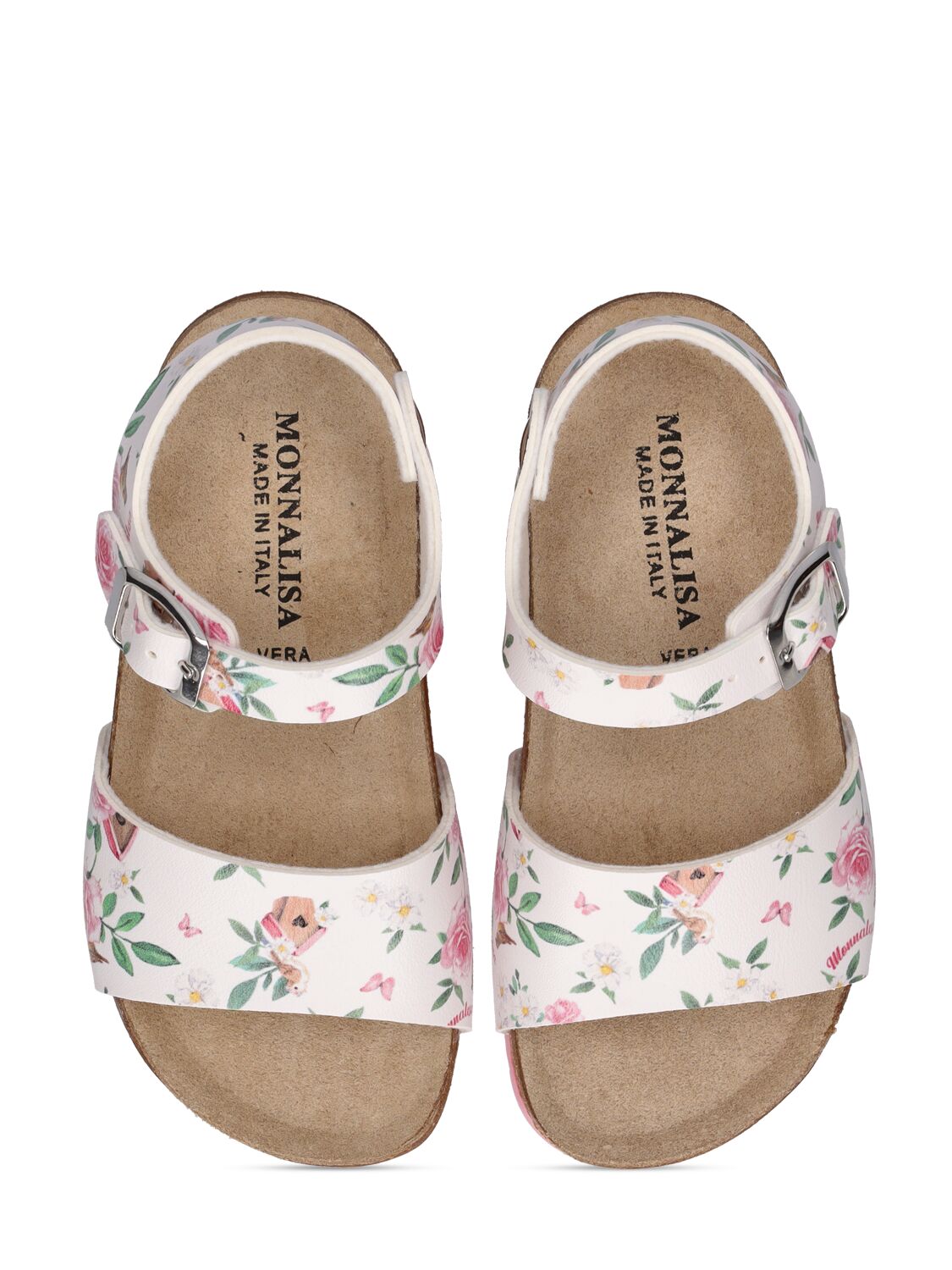 Shop Monnalisa Flower Printed Faux Leather Sandals In White