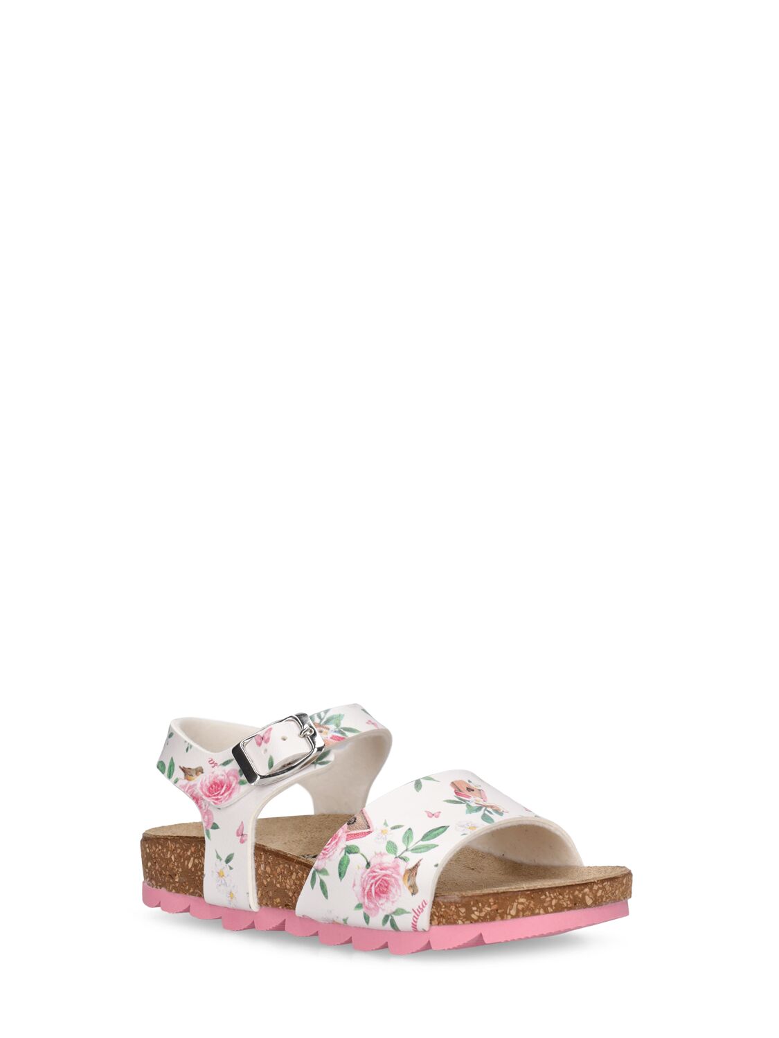 Shop Monnalisa Flower Printed Faux Leather Sandals In White