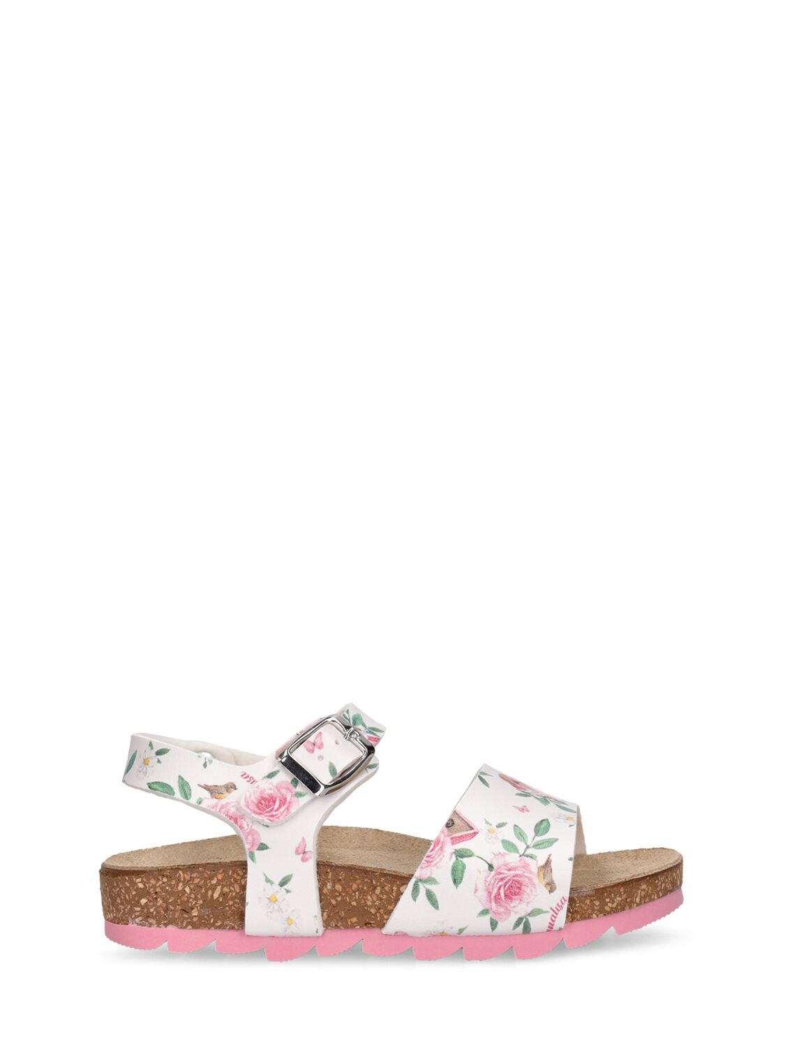 Monnalisa Kids' Flower Printed Faux Leather Sandals In White