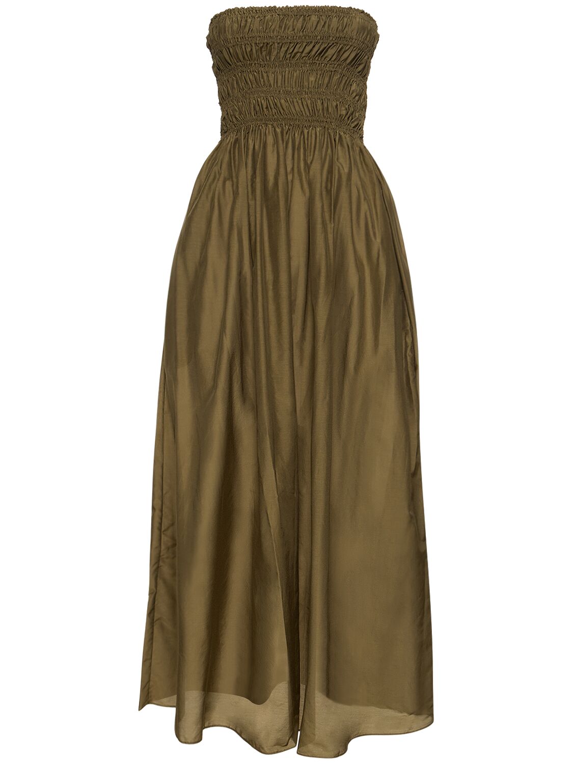 Matteau Shirred Organic Cotton And Silk-blend Poplin Maxi Dress In Brown