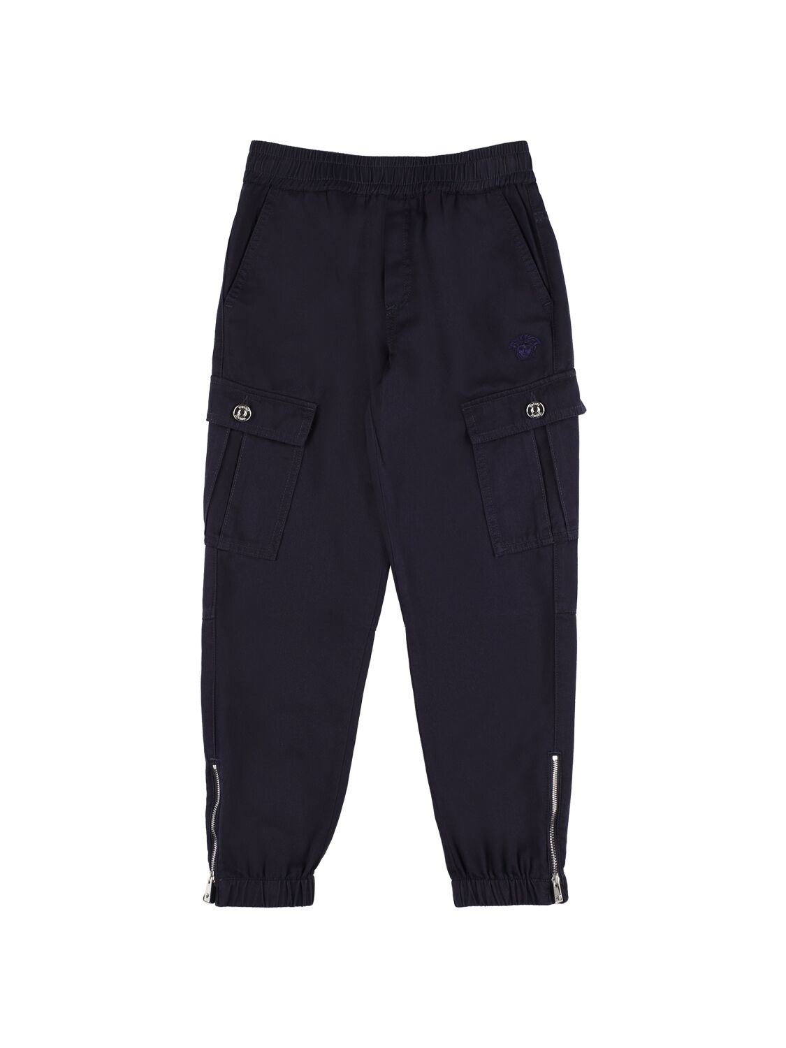 Versace Kids' Embroidered Cotton Gabardine Cargo Trousers In Navy