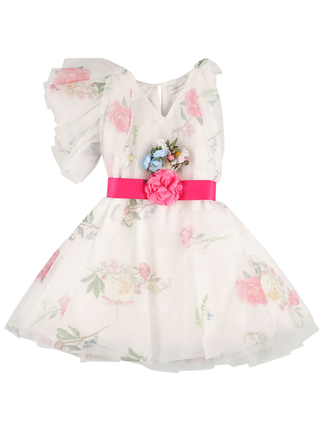 Monnalisa Kids' Printed Tulle Dress W/belt In 멀티컬러