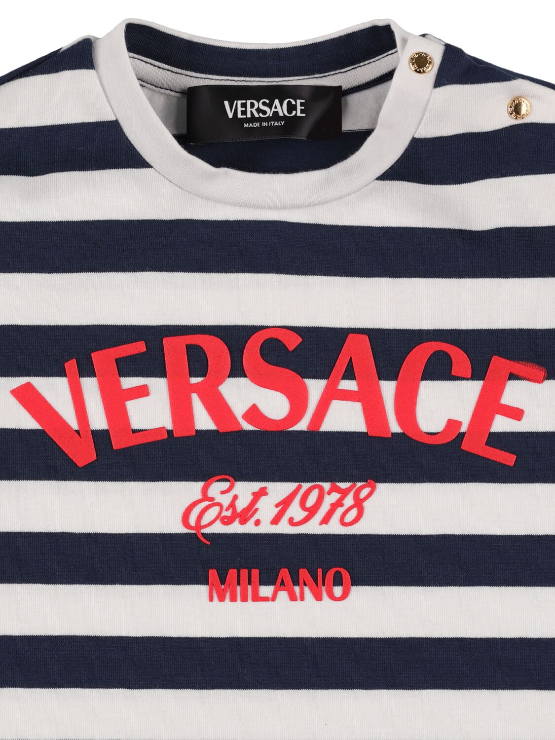 Shop Versace Printed Cotton Jersey Dress In Navy,white,red