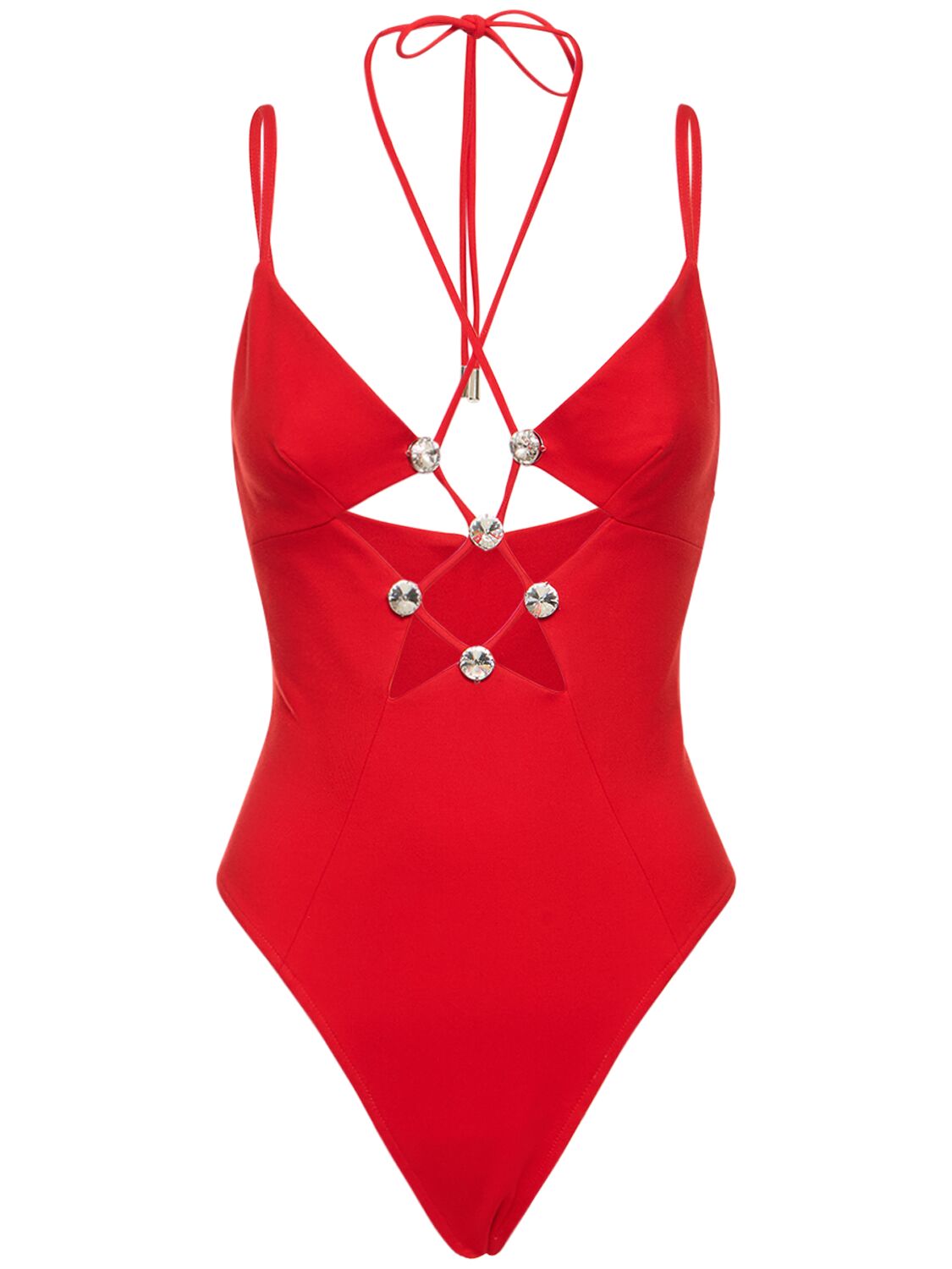 Area Embellished Star Cutout Bodysuit In Red