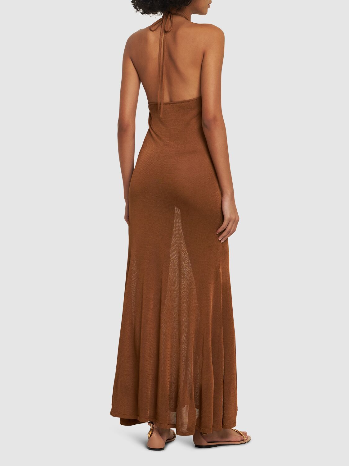 Tom Ford Slinky Viscose Jersey Knit Halterneck Maxi Dress In Light Brown