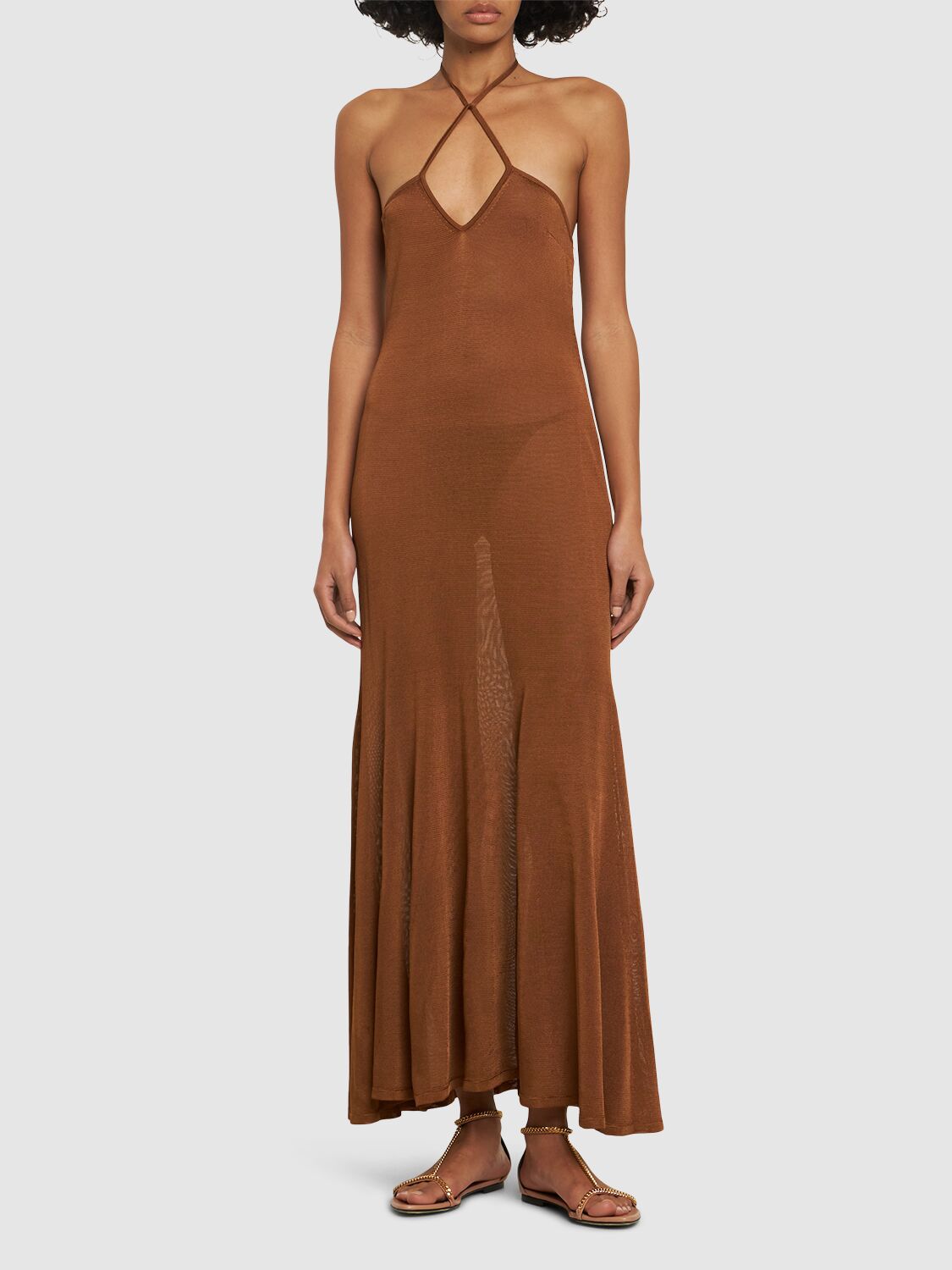 Tom Ford Slinky Viscose Jersey Knit Halterneck Maxi Dress In Light Brown