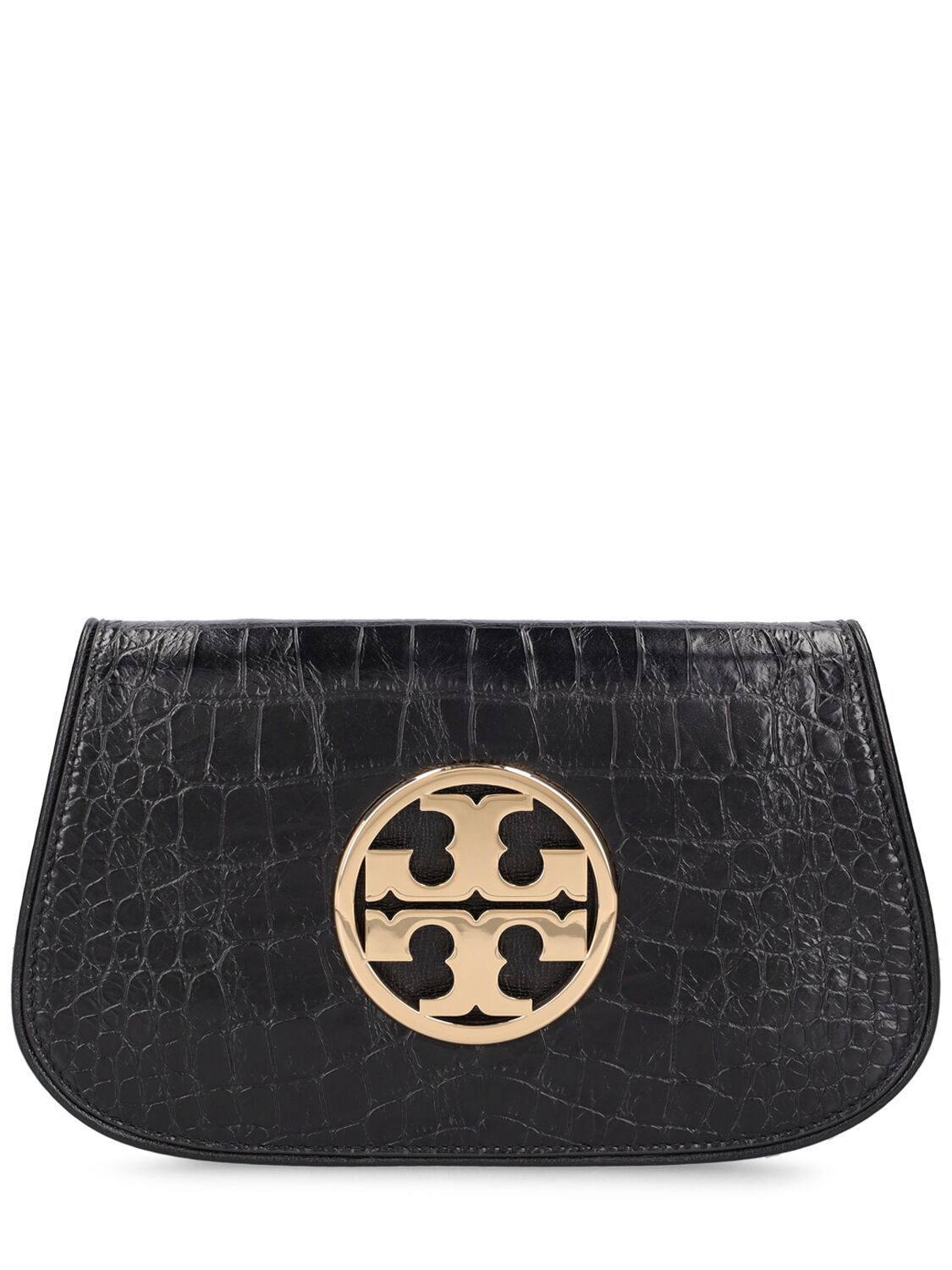 Tory Burch Reva Embossed Leather Clutch In Black