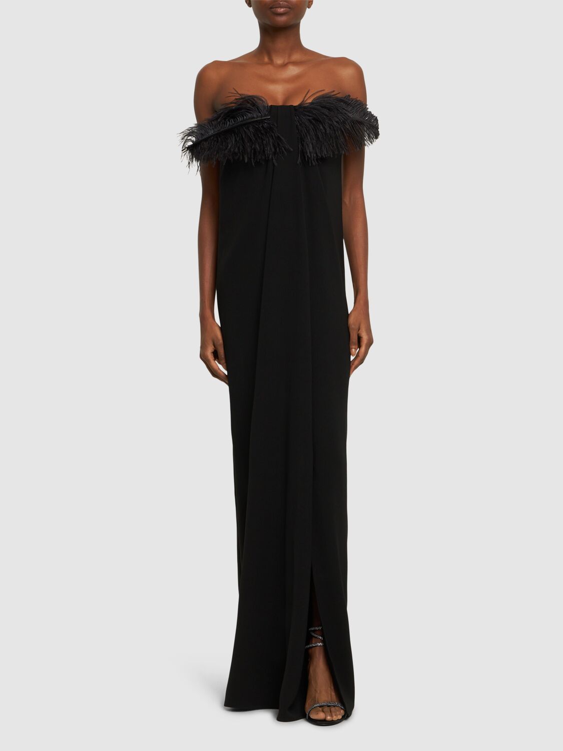 Mirai Tech Crepe Long Dress W/feathers