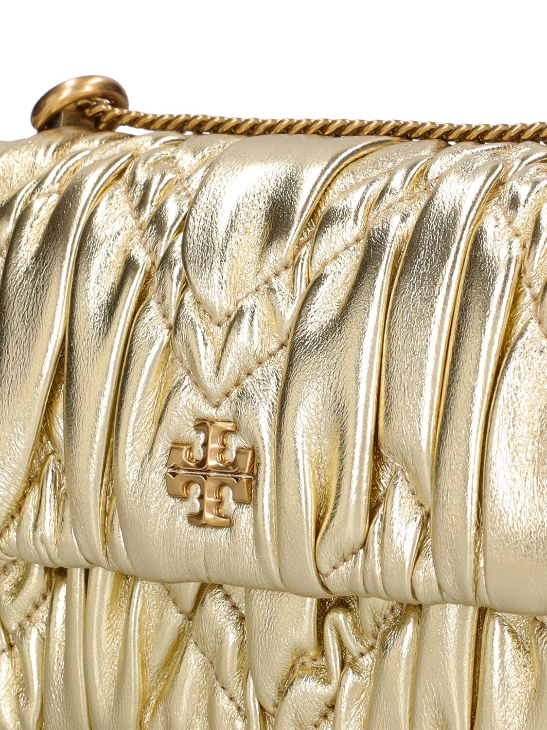 Shop Tory Burch Mini Kira Metallic Ruched Leather Bag In Gold