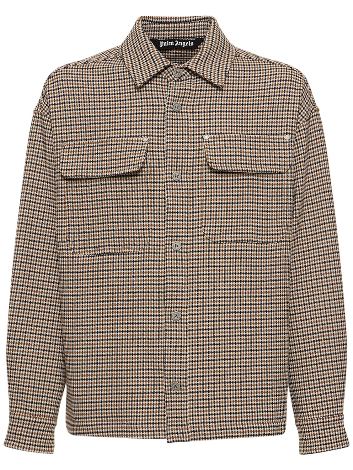 Palm Angels Checked Cotton Overshirt W/logo In Beige,multi