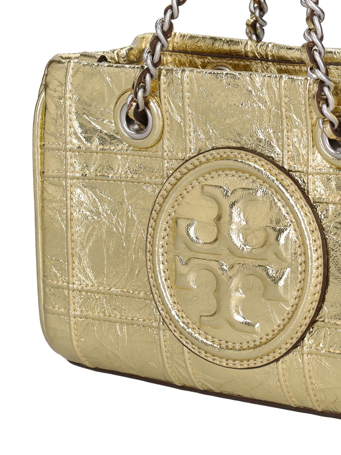Shop Tory Burch Mini Fleming Soft Metallic Leather Bag In Gold