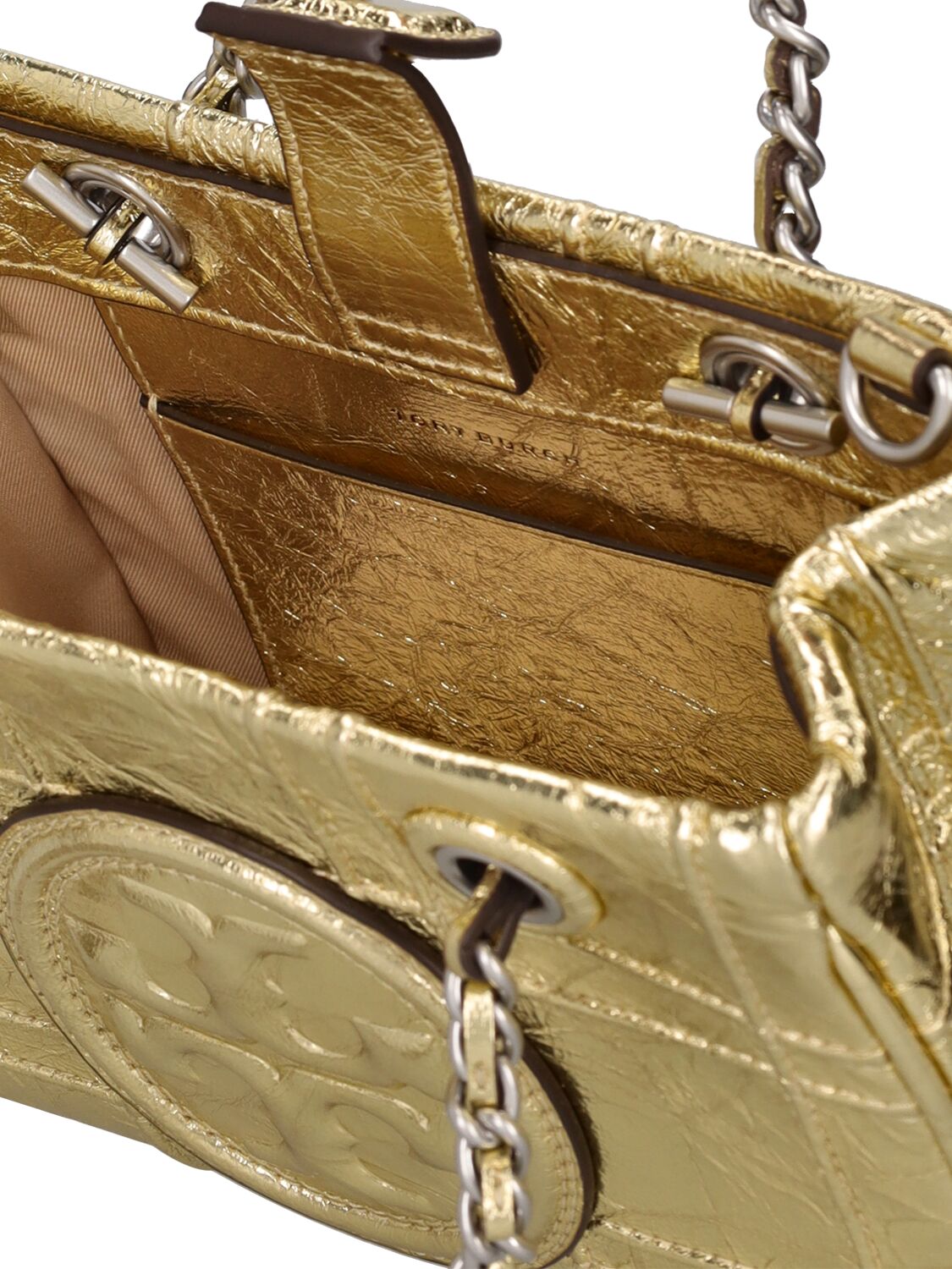 Shop Tory Burch Mini Fleming Soft Metallic Leather Bag In Gold