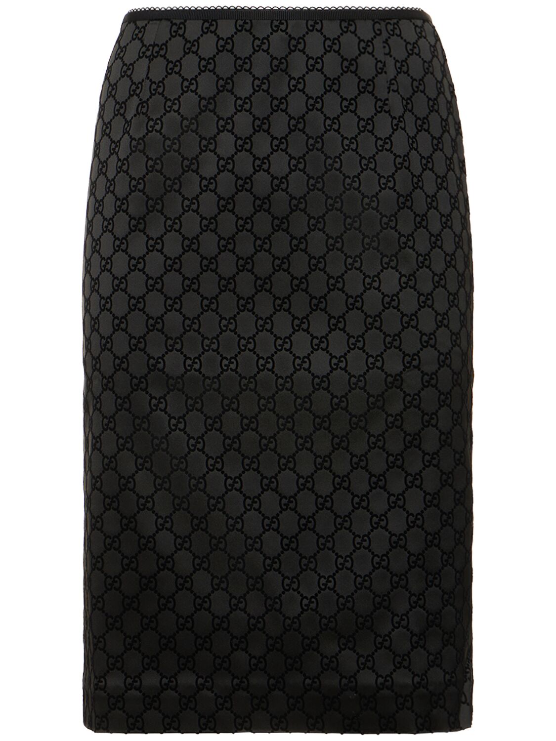 Shop Gucci Gg Printed Silk Blend Duchesse Skirt In Black