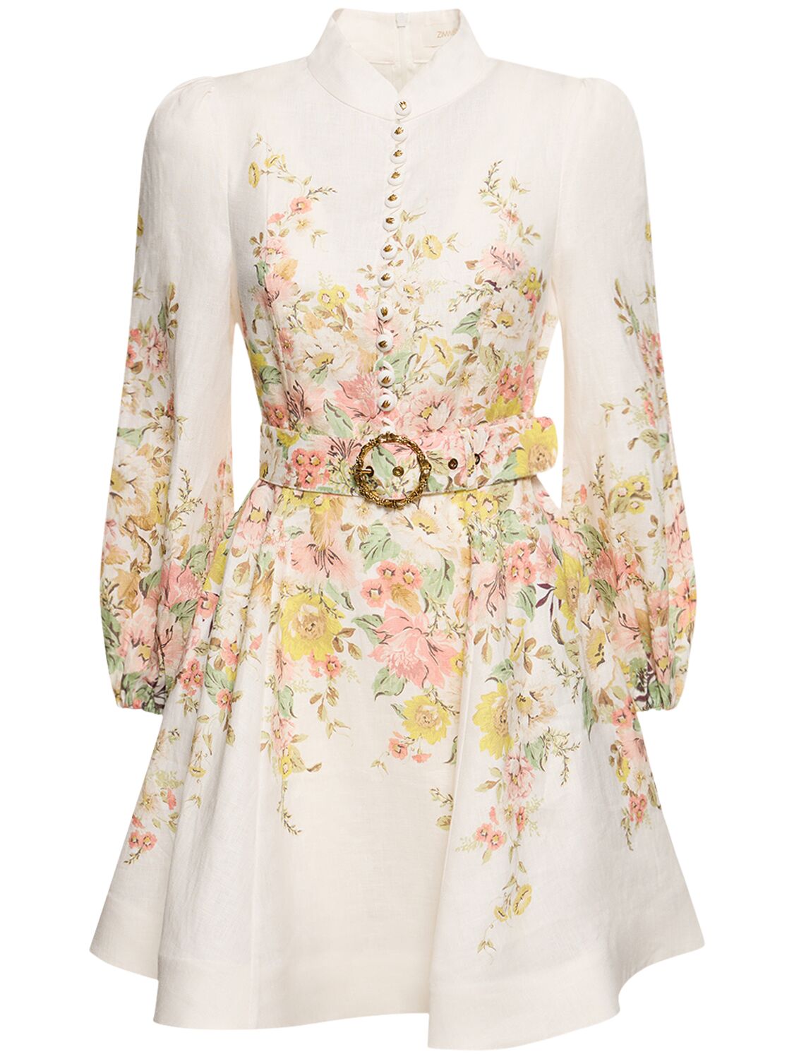 Shop Zimmermann Matchmaker Buttoned Linen Mini Dress In Ivory,coral