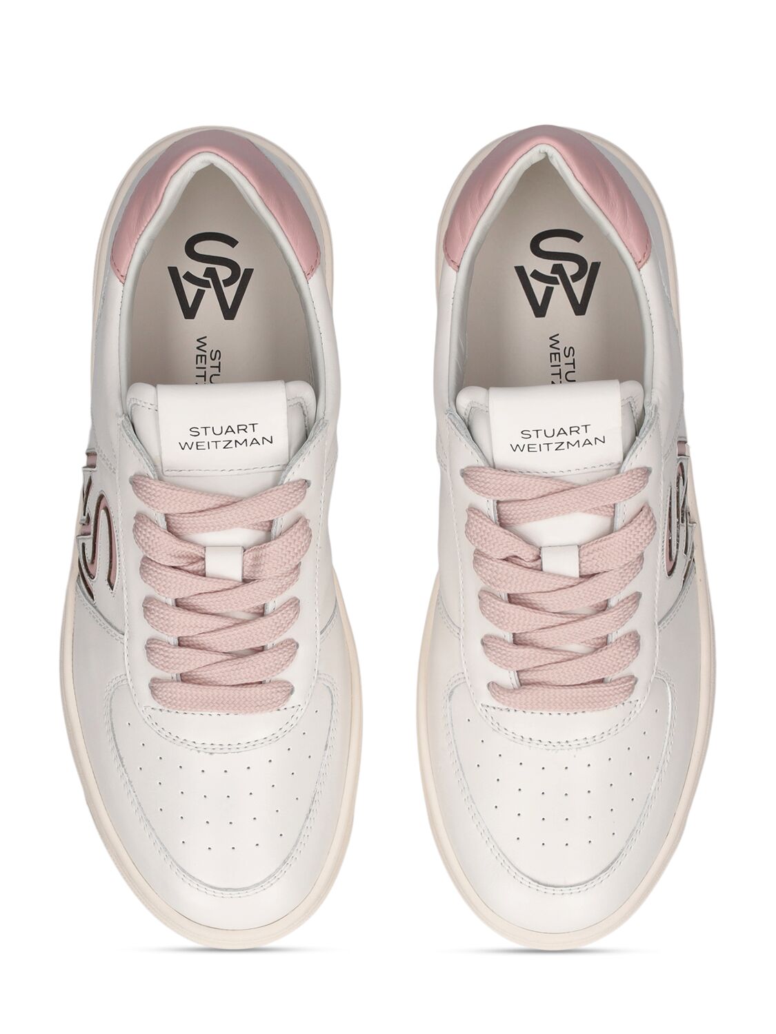 Shop Stuart Weitzman Logo Leather Sneakers In White,pink