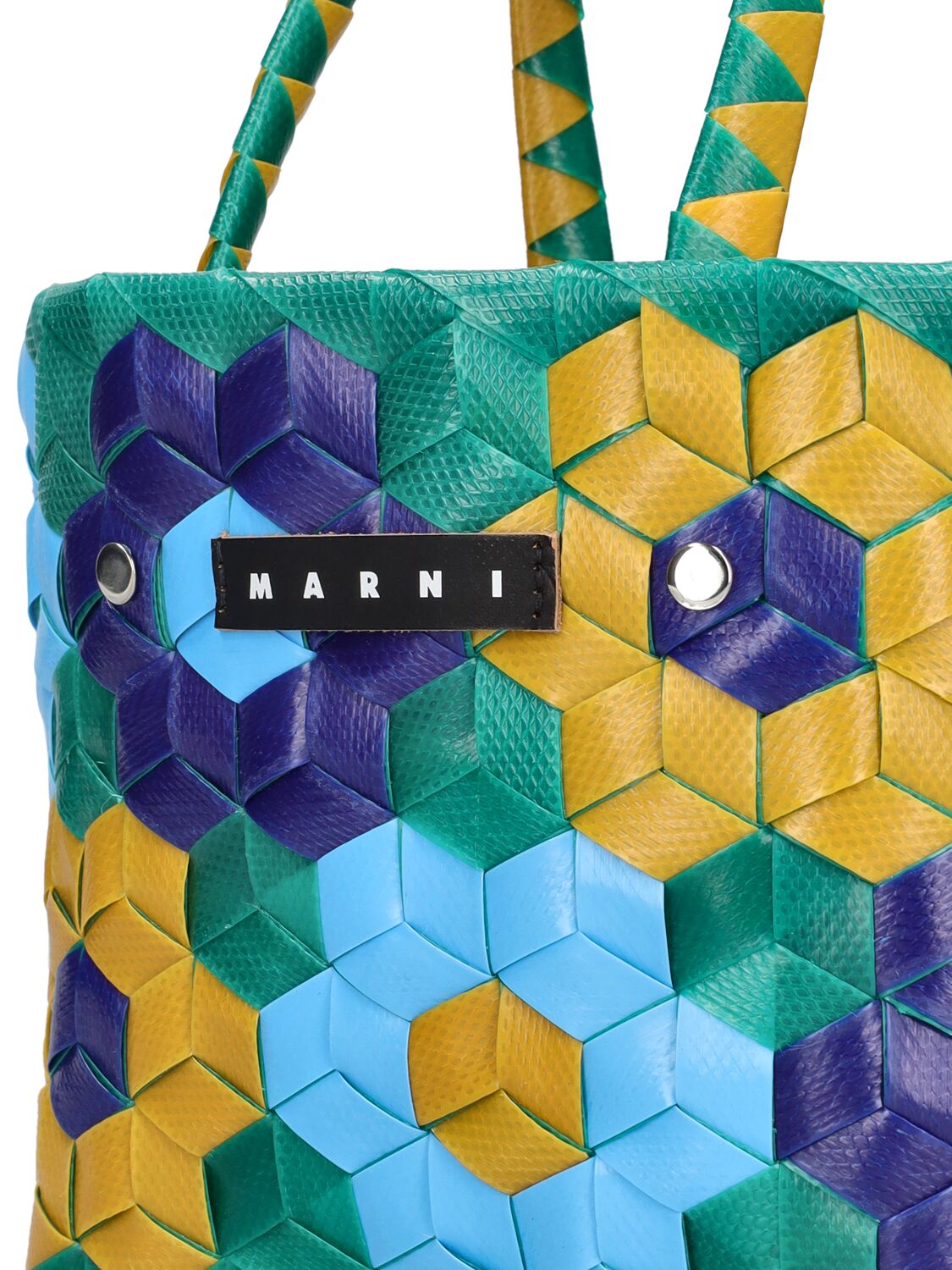 Shop Marni Junior Color Block Woven Basket Bag W/ Logo In Green