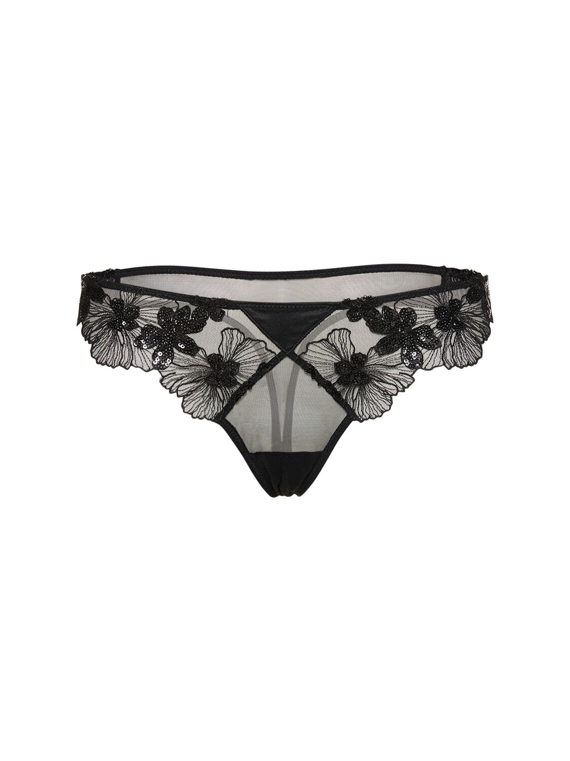 Fleur Du Mal Embroidered Lace Thong In Black