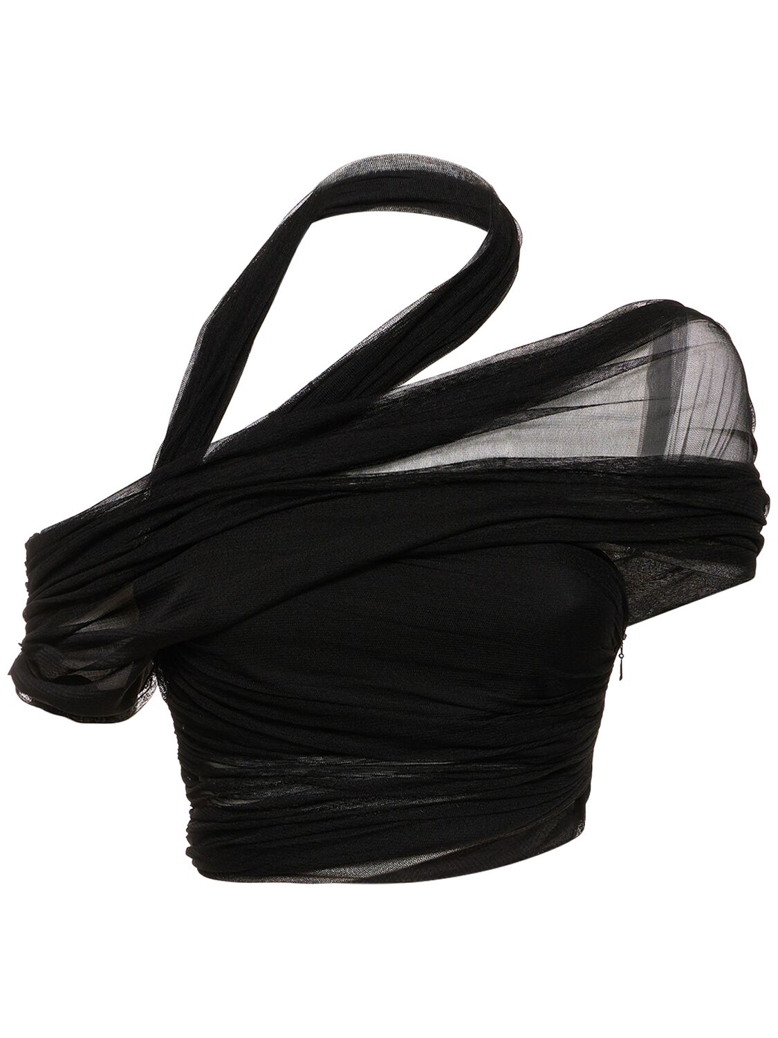 Christopher Esber Veiled Silk Asymmetric Crop Top In Black