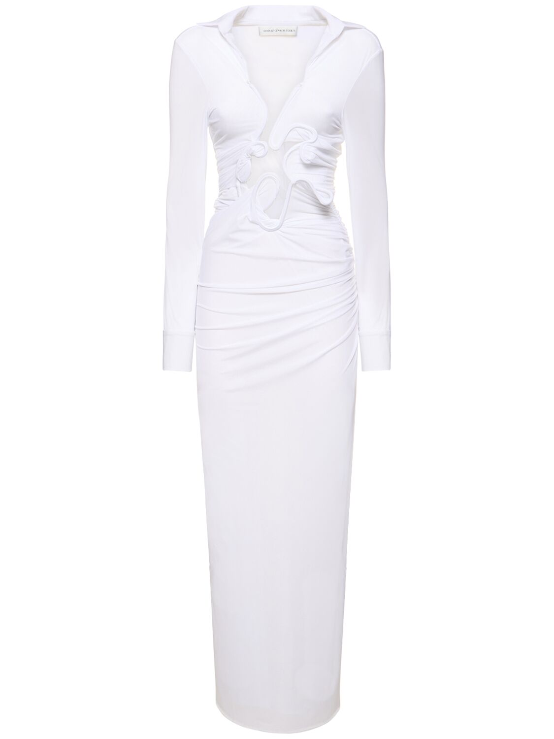 Christopher Esber Venus Plunge Embellished L/s Maxi Dress In White