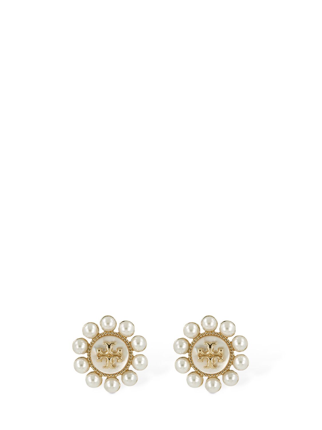 Tory Burch Kira Pearl Flower Stud Earrings In Whte,gold