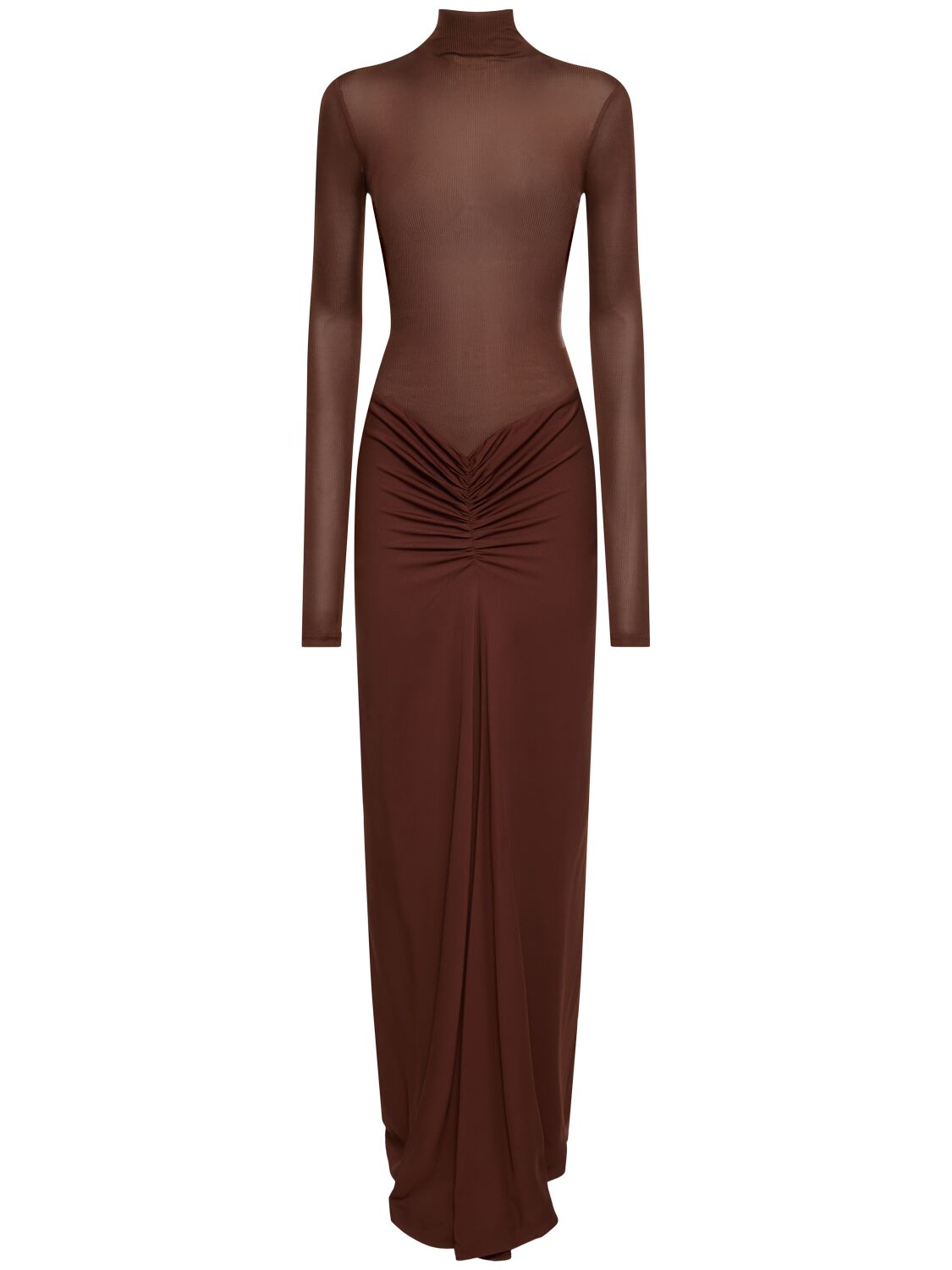Christopher Esber Fusion Turtleneck Long-sleeve Gathered Maxi Dress In Brown