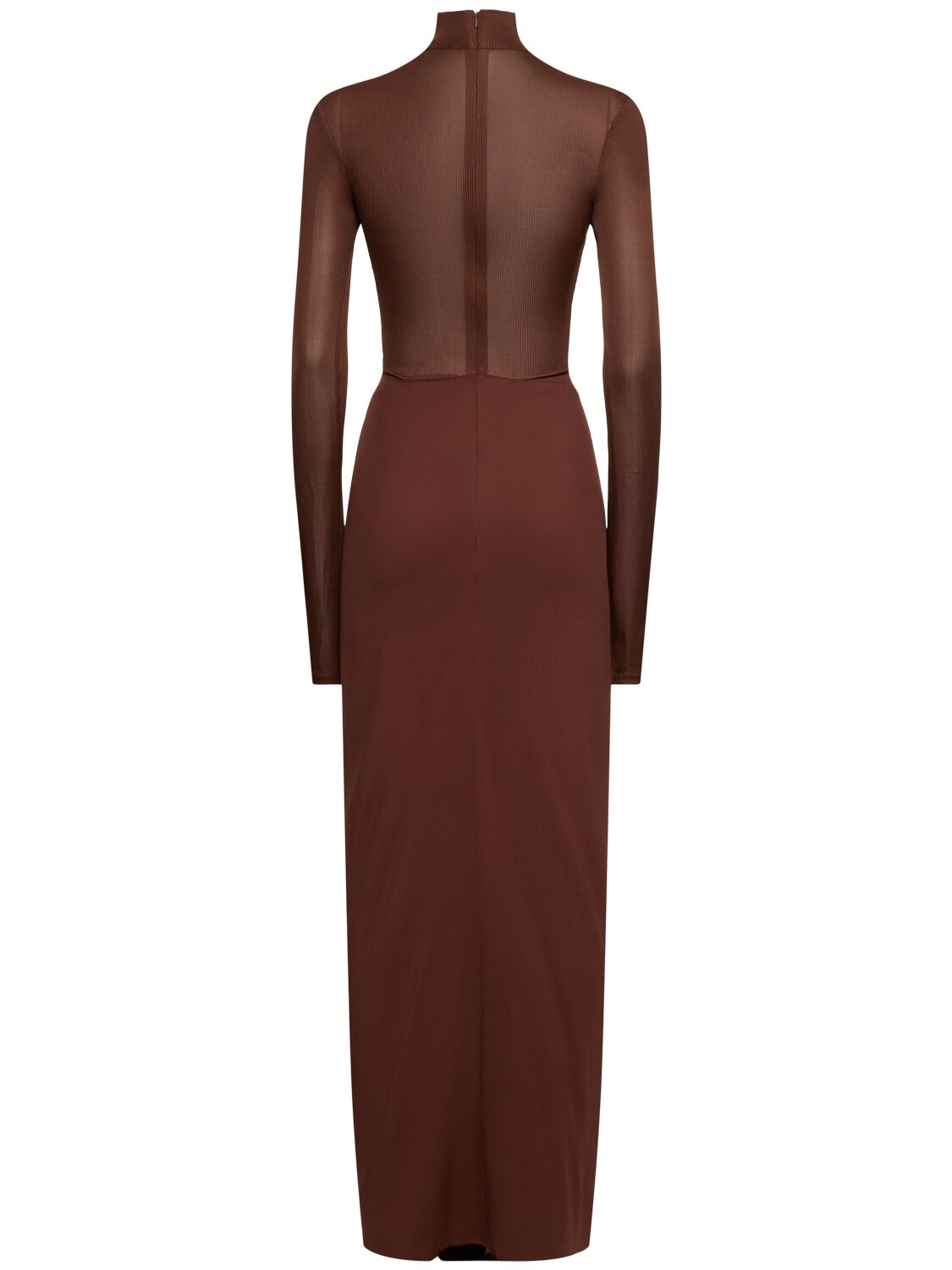 Shop Christopher Esber Fusion Gathered Jersey L/s Maxi Dress In Brown