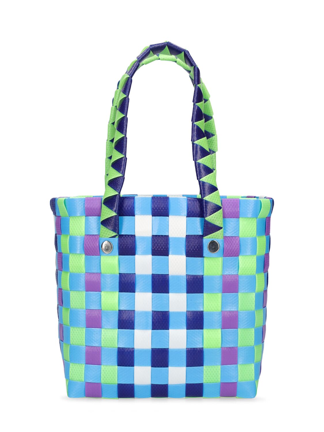 Shop Marni Junior Color Block Woven Basket Bag W/ Logo In Blue