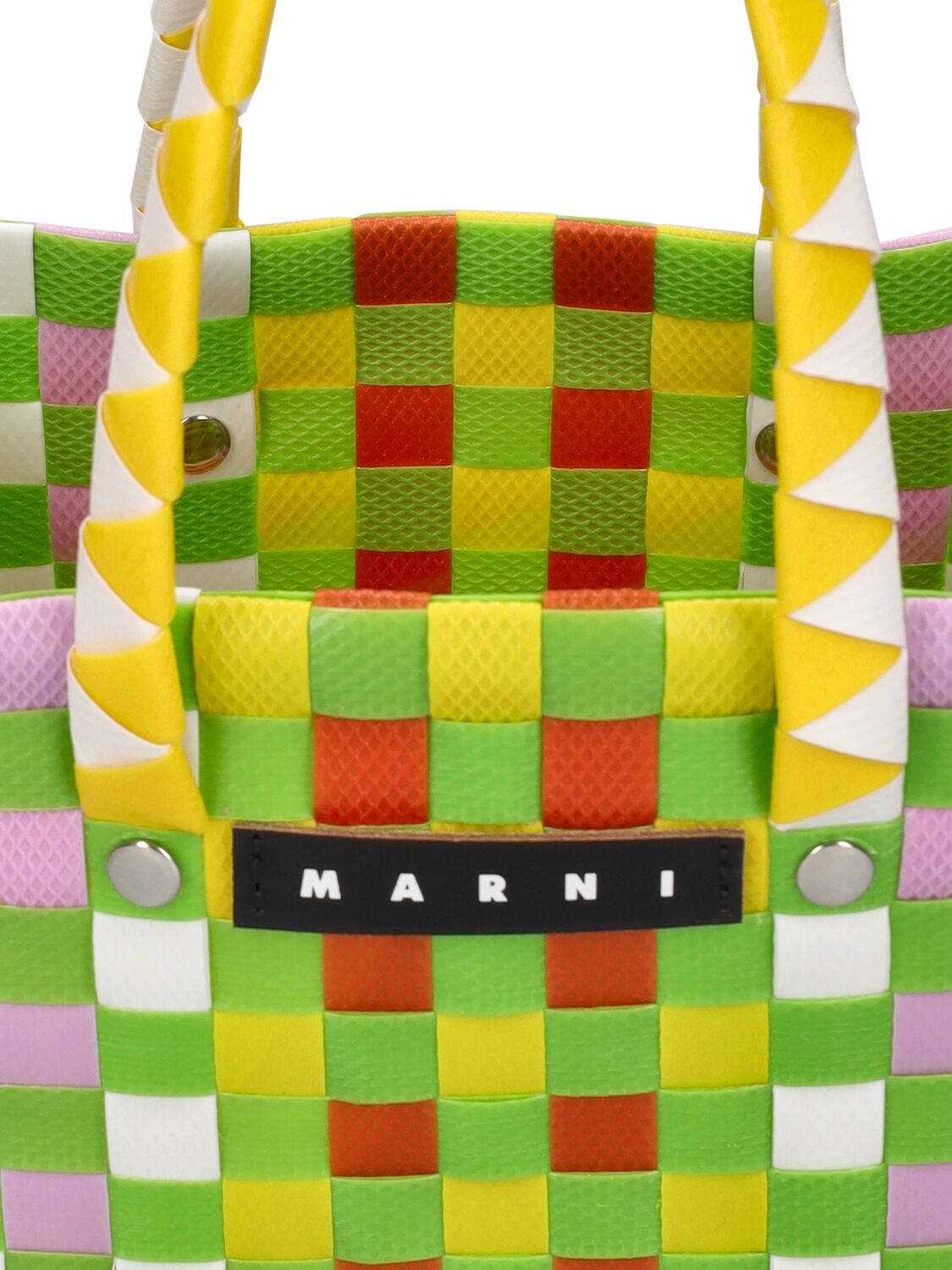 Shop Marni Junior Color Block Woven Basket Bag W/ Logo In Green