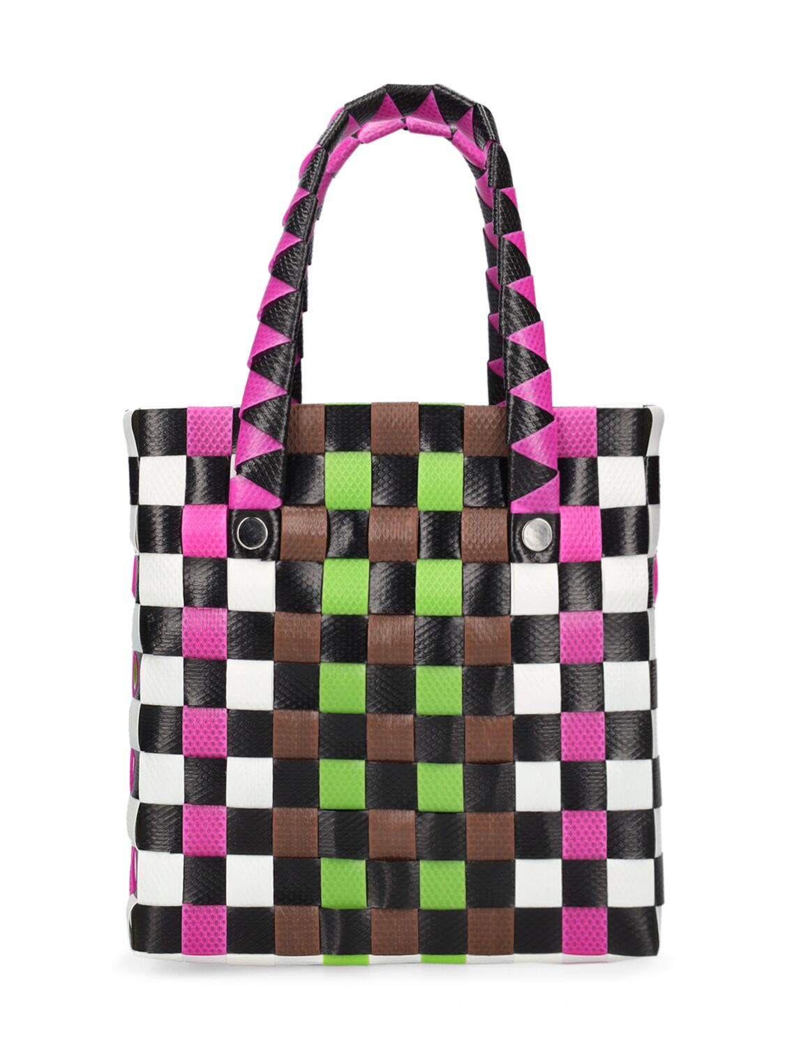 Shop Marni Junior Color Block Woven Basket Bag W/ Logo In Black,fuchsia