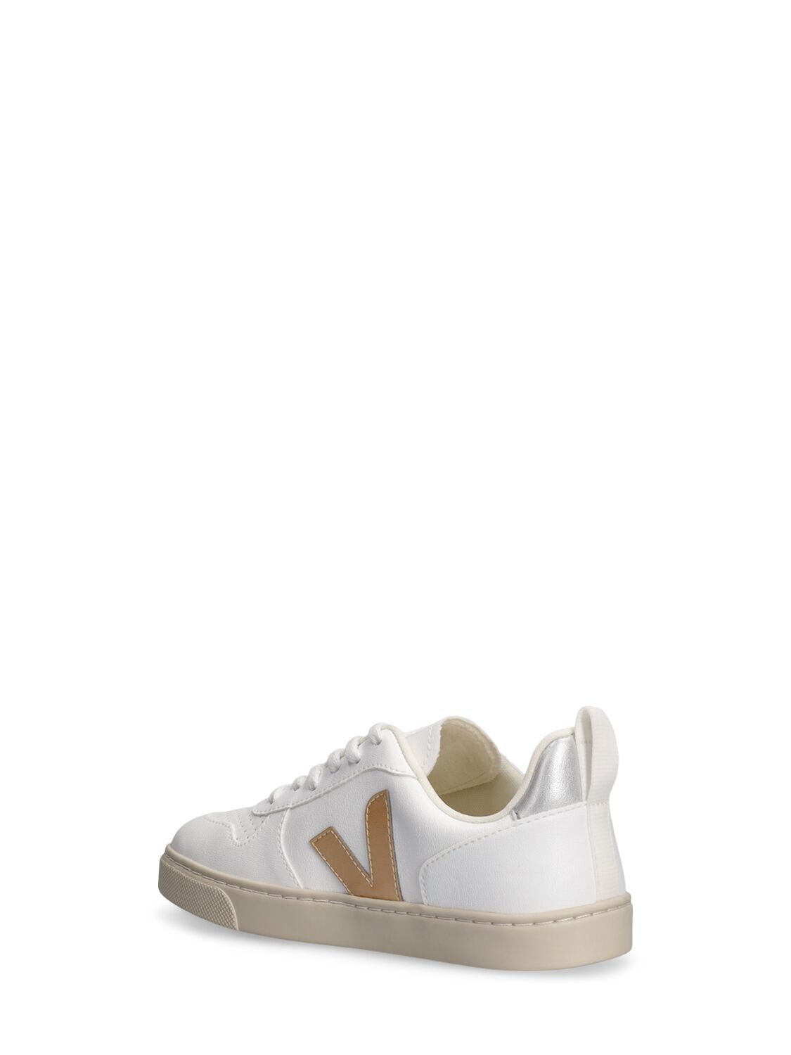 Shop Veja V10 Chrome-free Leather Sneakers In White,gold