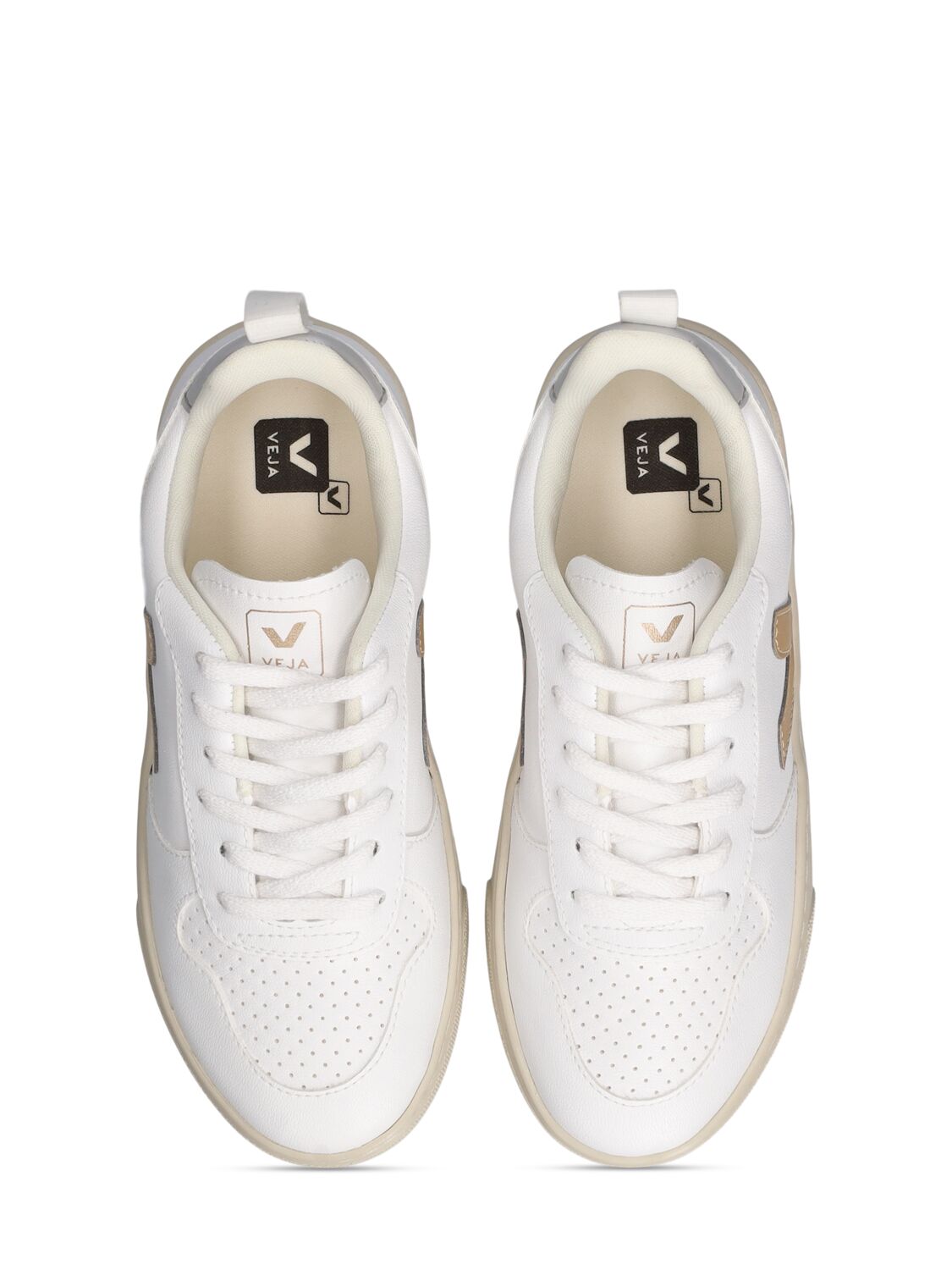 Shop Veja V10 Chrome-free Leather Sneakers In White,gold